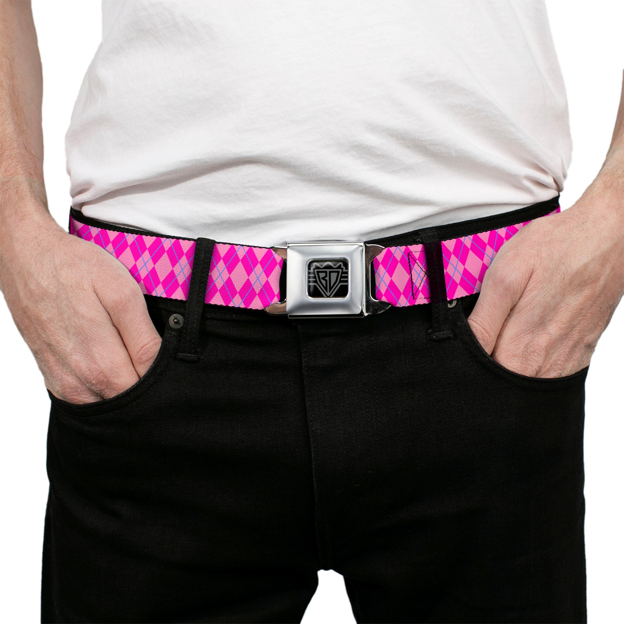 BD Wings Logo CLOSE-UP Full Color Black Silver Seatbelt Belt - Argyle Pink/Fuchsia/Blue Webbing Seatbelt Belts Buckle-Down