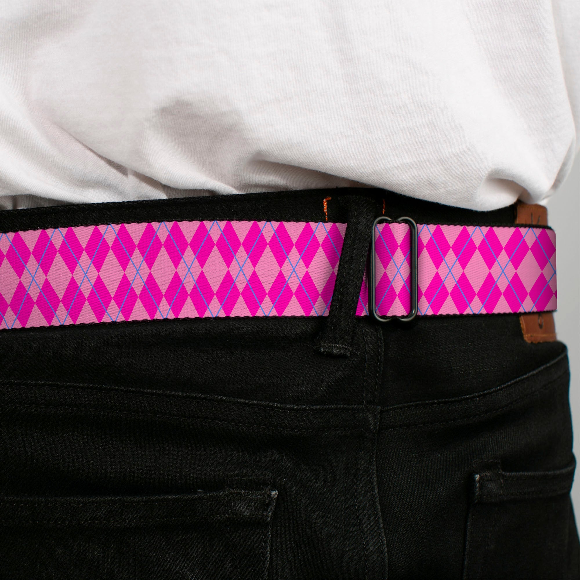 BD Wings Logo CLOSE-UP Full Color Black Silver Seatbelt Belt - Argyle Pink/Fuchsia/Blue Webbing Seatbelt Belts Buckle-Down