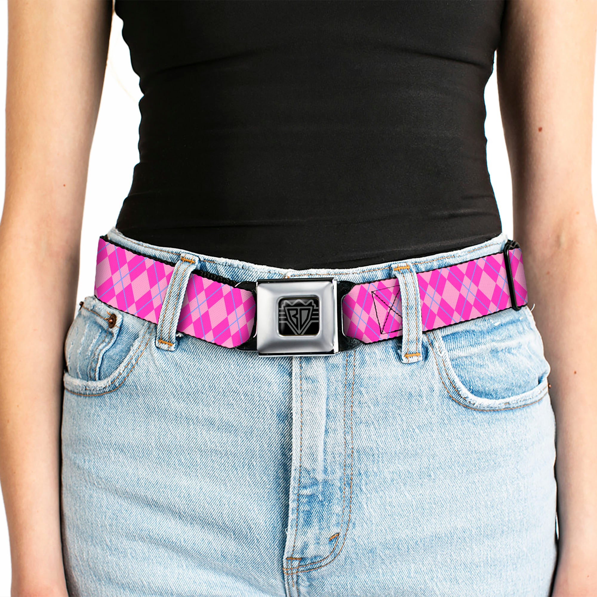 BD Wings Logo CLOSE-UP Full Color Black Silver Seatbelt Belt - Argyle Pink/Fuchsia/Blue Webbing Seatbelt Belts Buckle-Down
