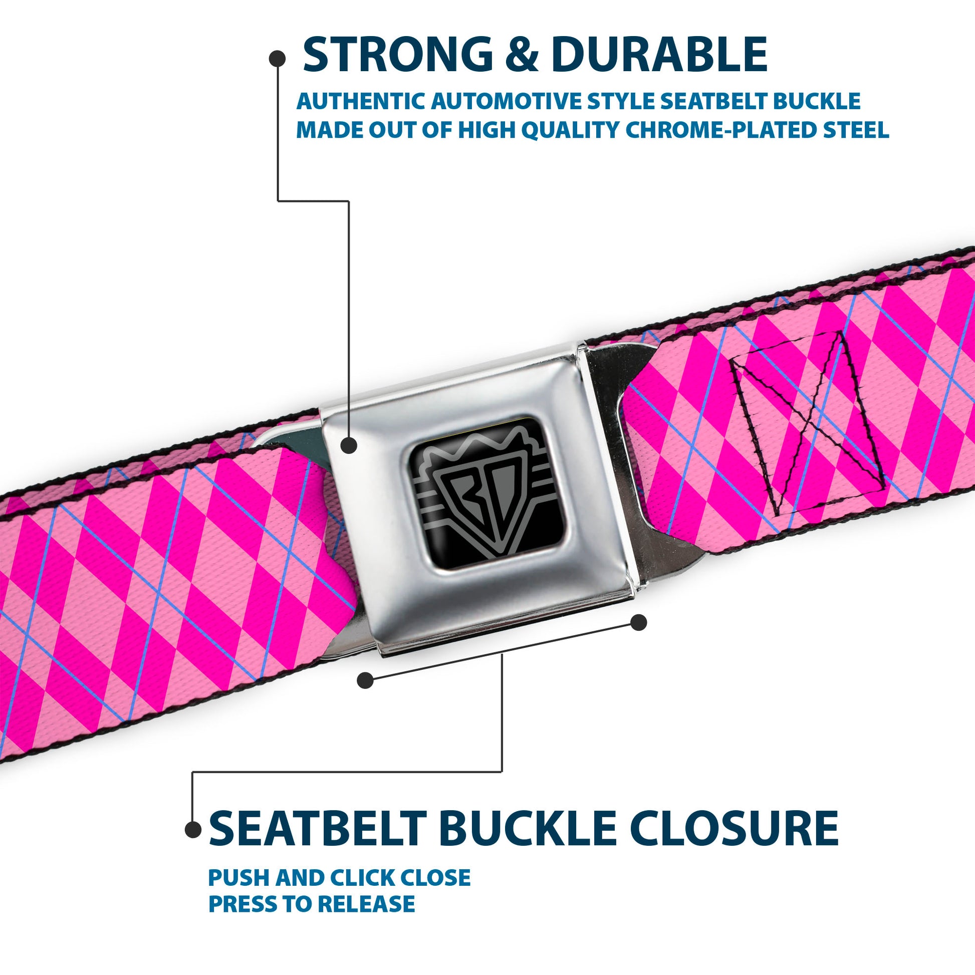 BD Wings Logo CLOSE-UP Full Color Black Silver Seatbelt Belt - Argyle Pink/Fuchsia/Blue Webbing Seatbelt Belts Buckle-Down