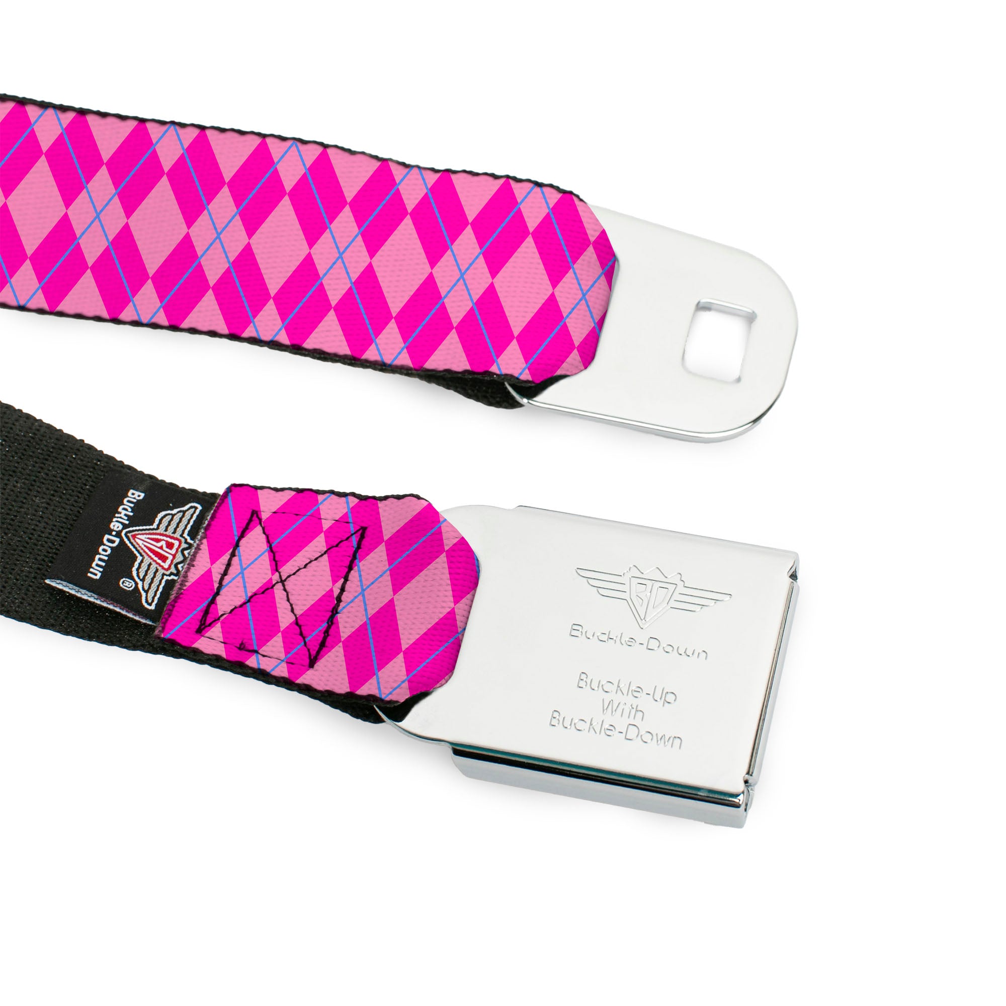 BD Wings Logo CLOSE-UP Full Color Black Silver Seatbelt Belt - Argyle Pink/Fuchsia/Blue Webbing Seatbelt Belts Buckle-Down