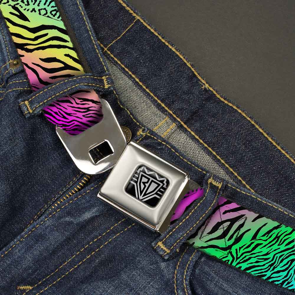 BD Wings Logo CLOSE-UP Full Color Black Silver Seatbelt Belt - Animal Skins Rainbow/Black Webbing Seatbelt Belts Buckle-Down