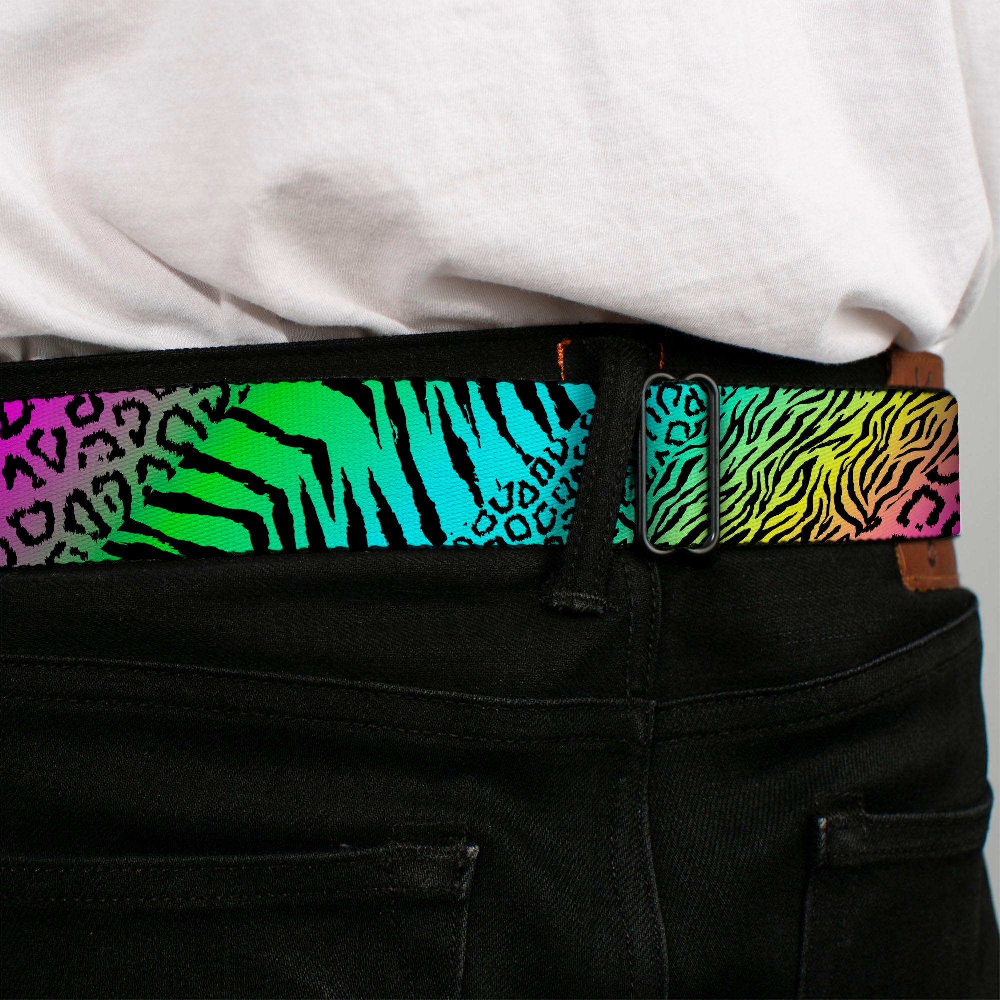 BD Wings Logo CLOSE-UP Full Color Black Silver Seatbelt Belt - Animal Skins Rainbow/Black Webbing Seatbelt Belts Buckle-Down