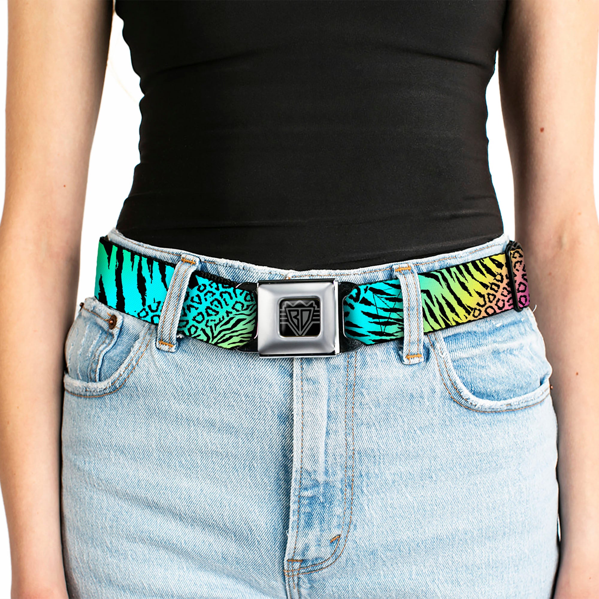 BD Wings Logo CLOSE-UP Full Color Black Silver Seatbelt Belt - Animal Skins Rainbow/Black Webbing Seatbelt Belts Buckle-Down