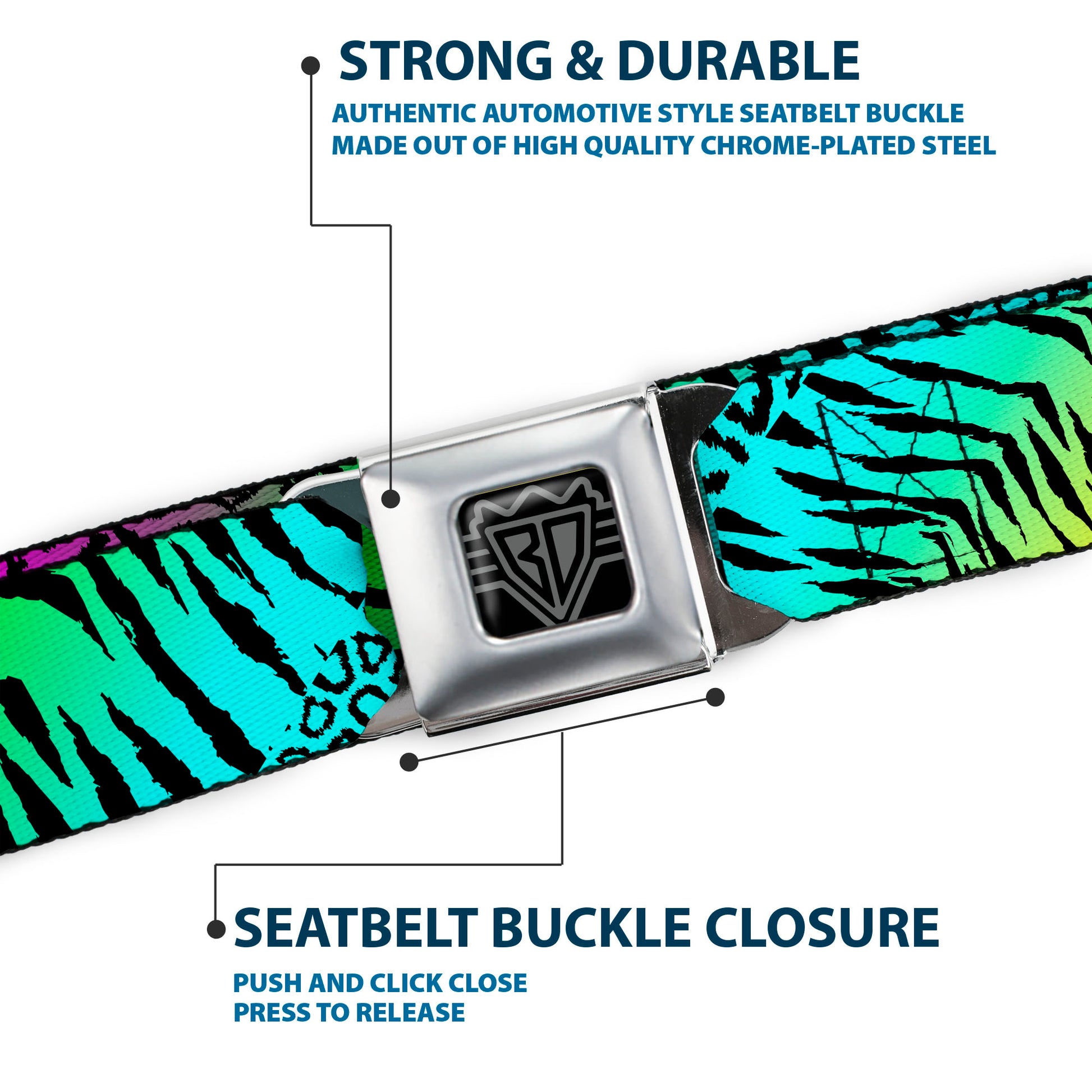 BD Wings Logo CLOSE-UP Full Color Black Silver Seatbelt Belt - Animal Skins Rainbow/Black Webbing Seatbelt Belts Buckle-Down