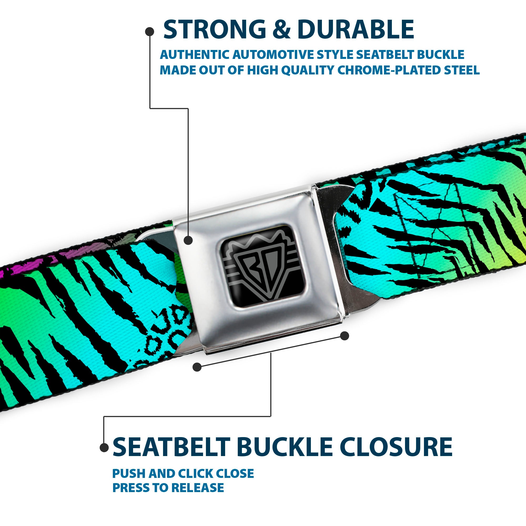 BD Wings Logo CLOSE-UP Full Color Black Silver Seatbelt Belt - Animal Skins Rainbow/Black Webbing Seatbelt Belts Buckle-Down