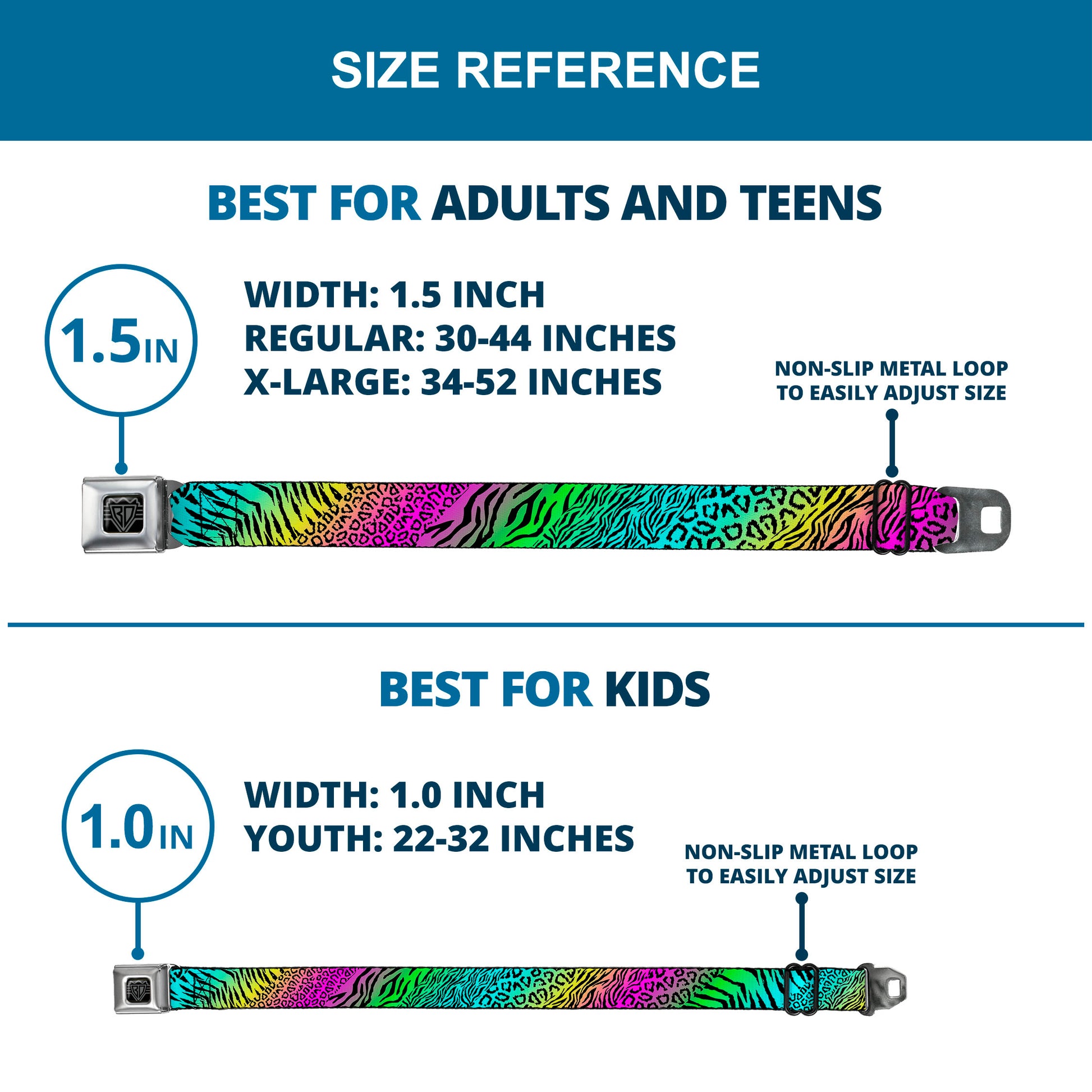 BD Wings Logo CLOSE-UP Full Color Black Silver Seatbelt Belt - Animal Skins Rainbow/Black Webbing Seatbelt Belts Buckle-Down