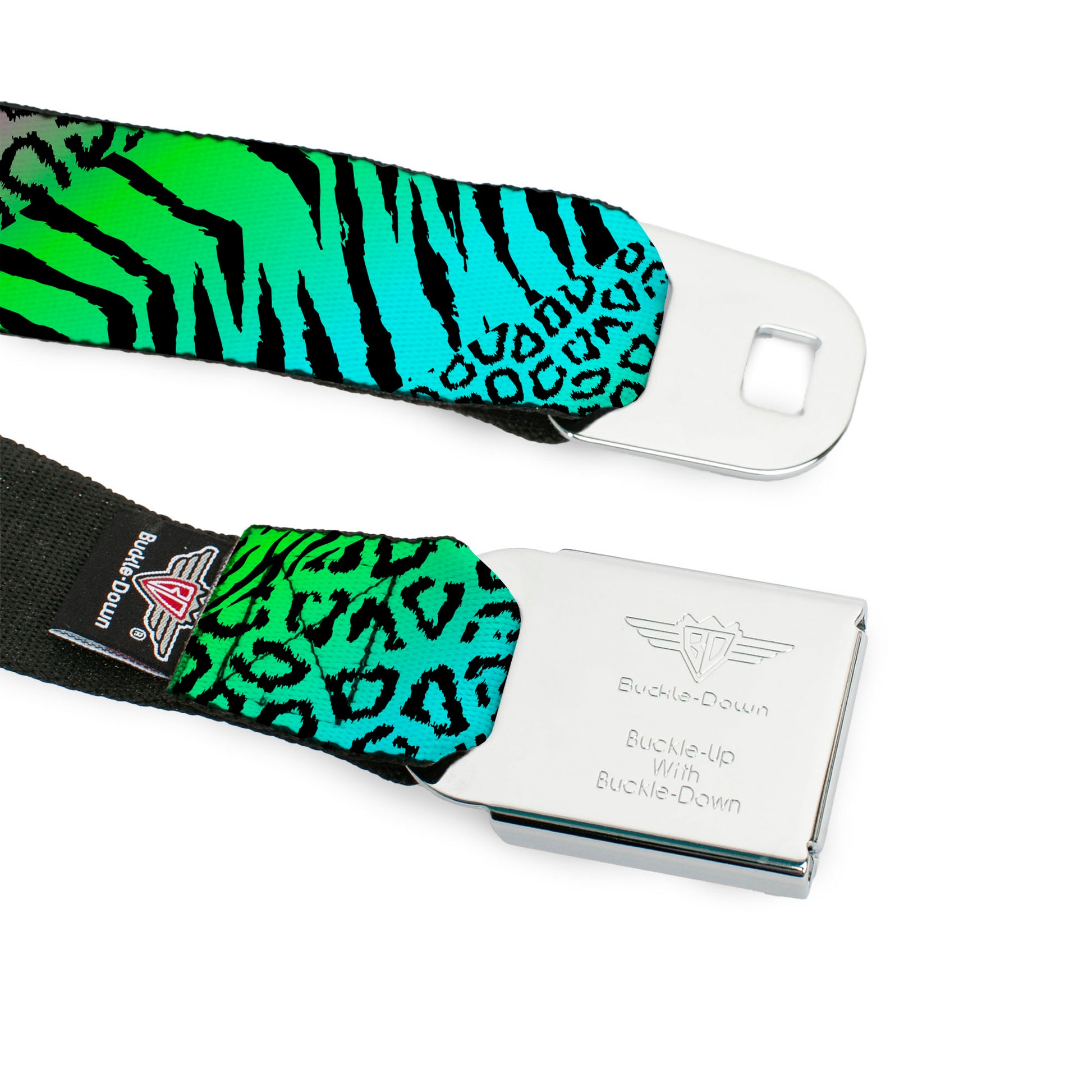 BD Wings Logo CLOSE-UP Full Color Black Silver Seatbelt Belt - Animal Skins Rainbow/Black Webbing Seatbelt Belts Buckle-Down