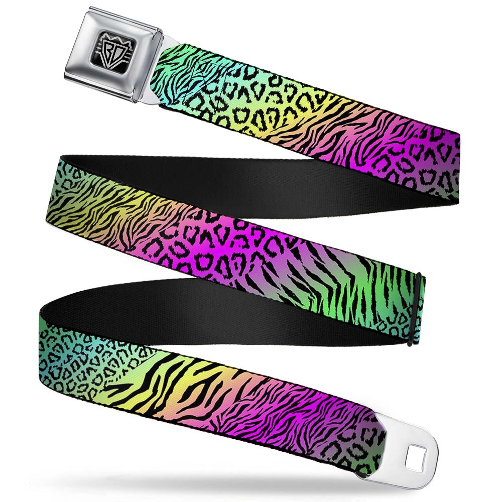 BD Wings Logo CLOSE-UP Full Color Black Silver Seatbelt Belt - Animal Skins Rainbow/Black Webbing Seatbelt Belts Buckle-Down