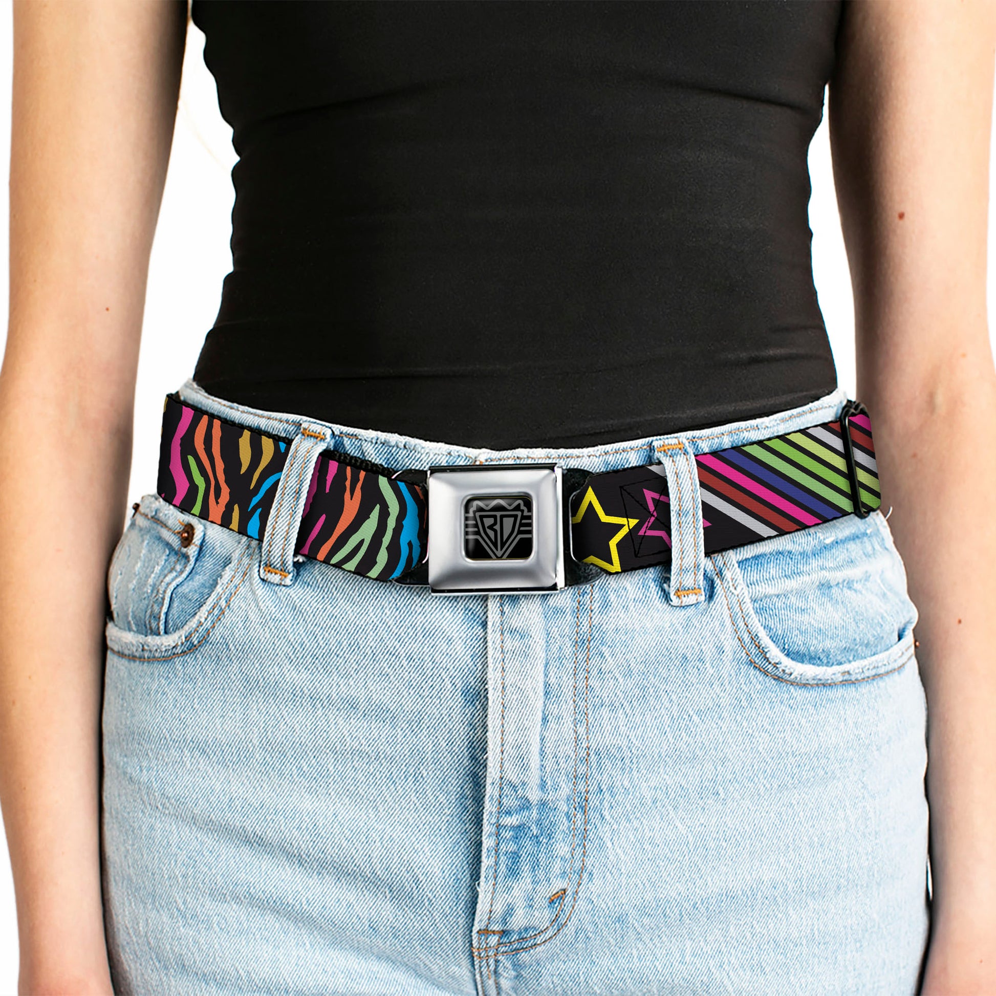 BD Wings Logo CLOSE-UP Full Color Black Silver Seatbelt Belt - Animal Skins & Stripes 1 Webbing Seatbelt Belts Buckle-Down