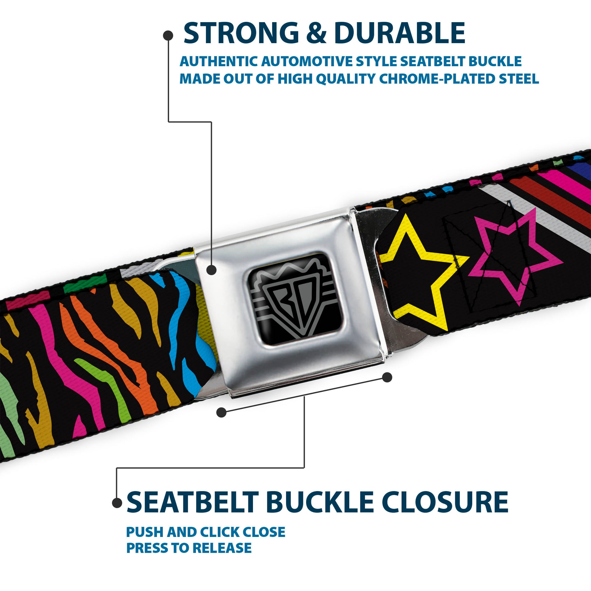 BD Wings Logo CLOSE-UP Full Color Black Silver Seatbelt Belt - Animal Skins & Stripes 1 Webbing Seatbelt Belts Buckle-Down