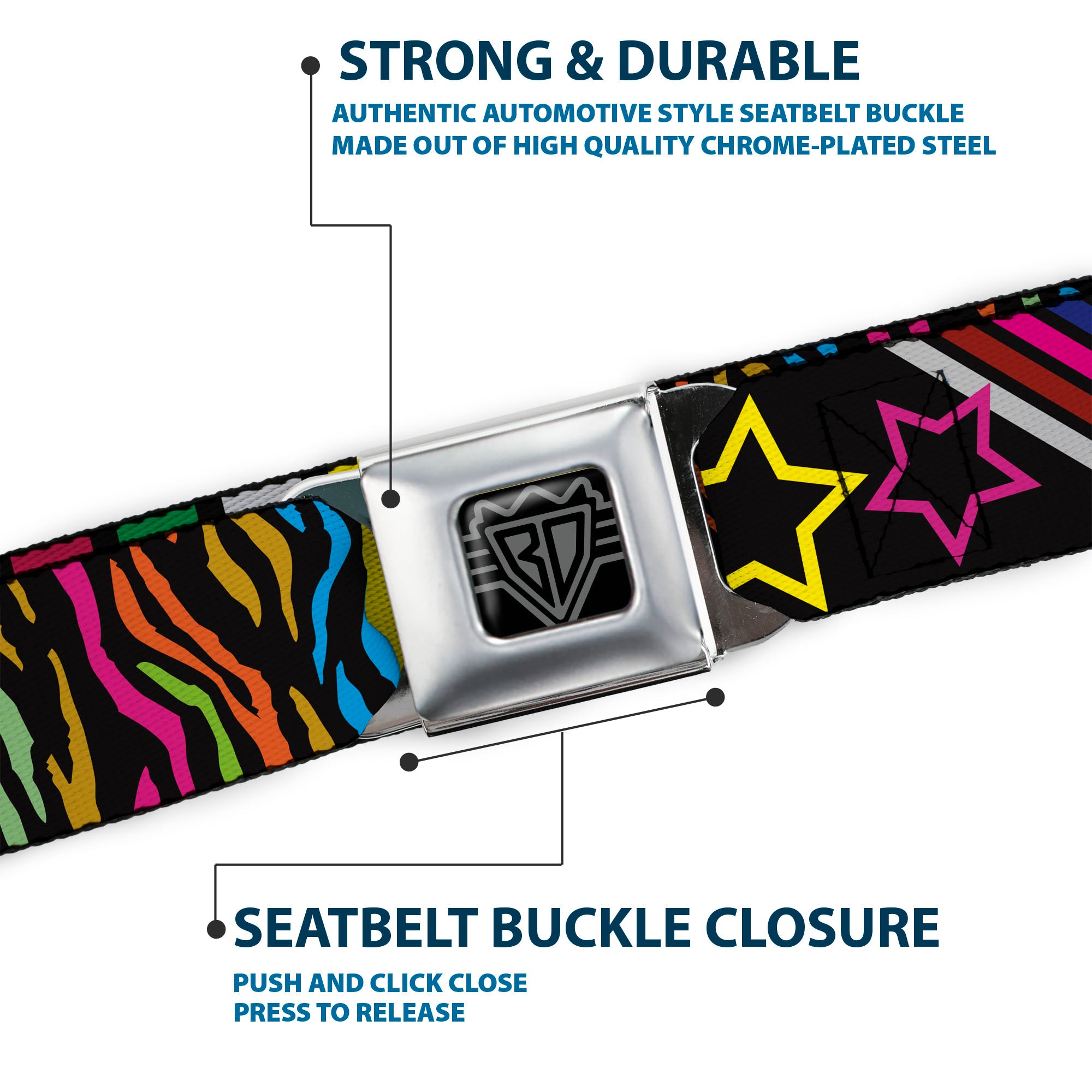 BD Wings Logo CLOSE-UP Full Color Black Silver Seatbelt Belt - Animal Skins & Stripes 1 Webbing Seatbelt Belts Buckle-Down