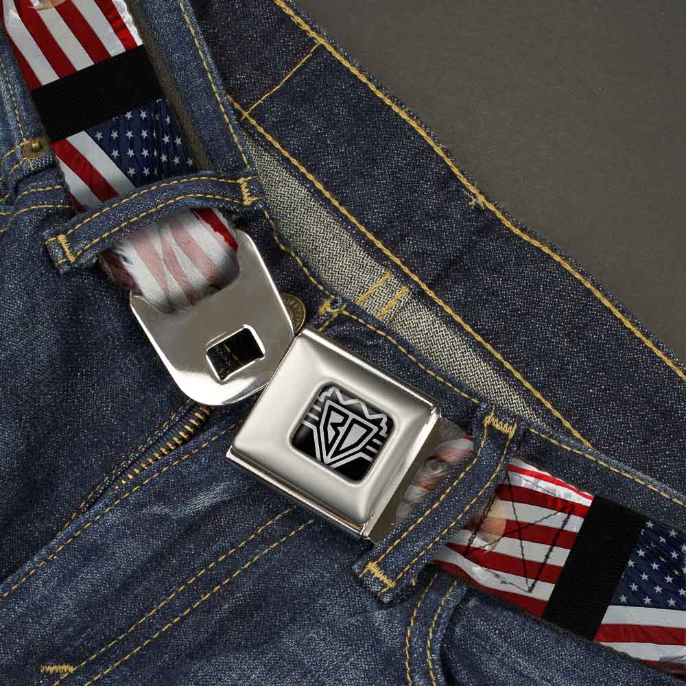 BD Wings Logo CLOSE-UP Full Color Black Silver Seatbelt Belt - American Eagle Flags Webbing Seatbelt Belts Buckle-Down