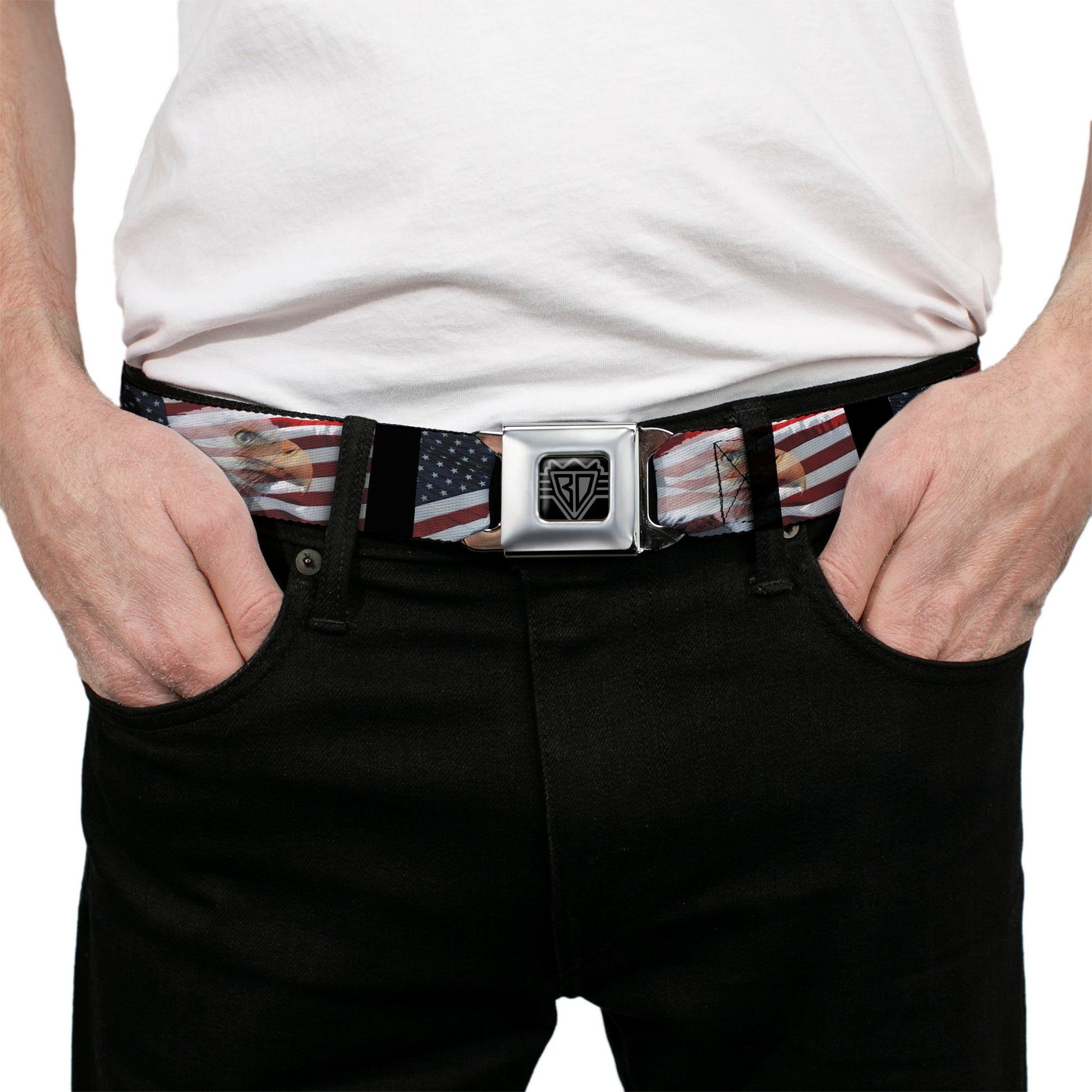 BD Wings Logo CLOSE-UP Full Color Black Silver Seatbelt Belt - American Eagle Flags Webbing Seatbelt Belts Buckle-Down