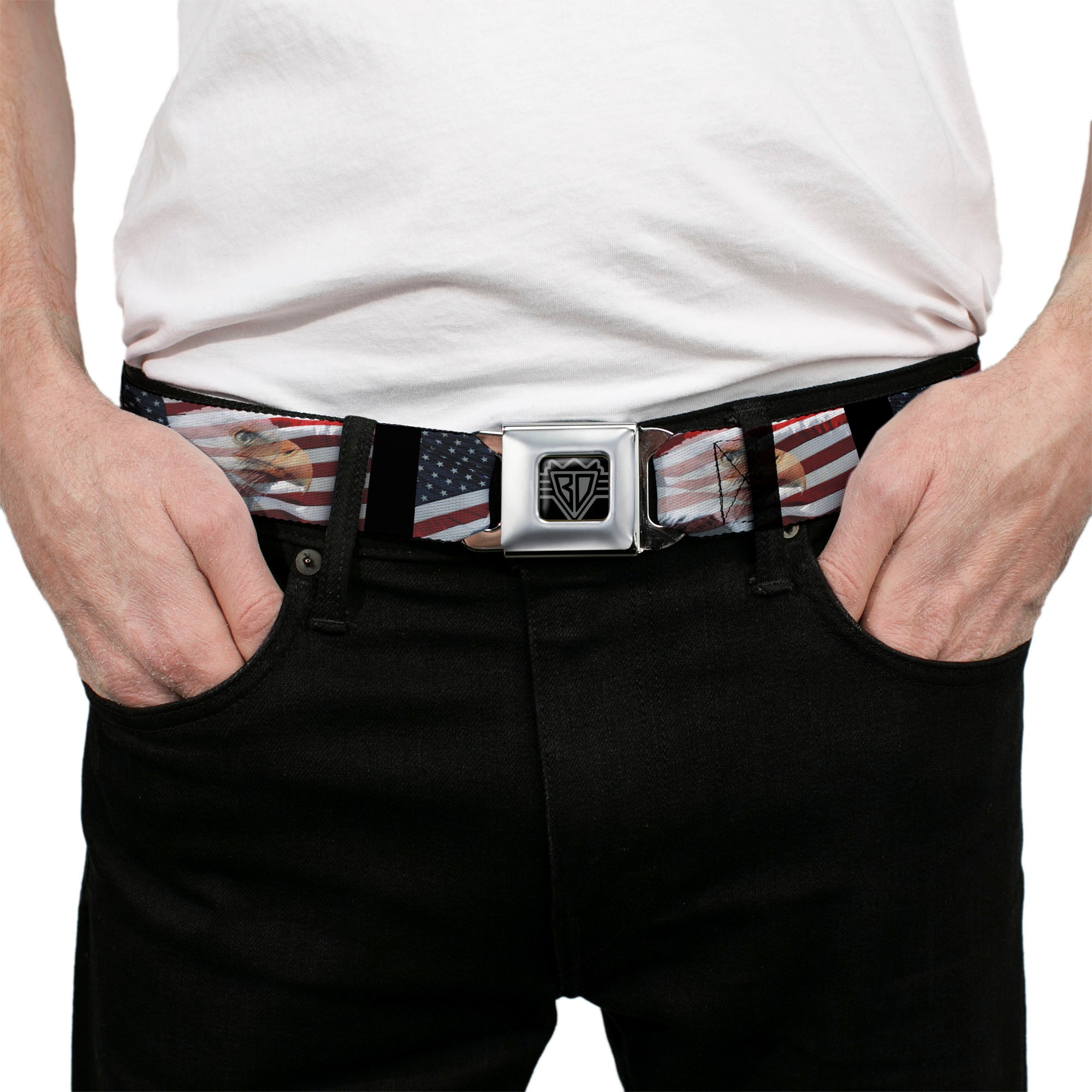 BD Wings Logo CLOSE-UP Full Color Black Silver Seatbelt Belt - American Eagle Flags Webbing Seatbelt Belts Buckle-Down