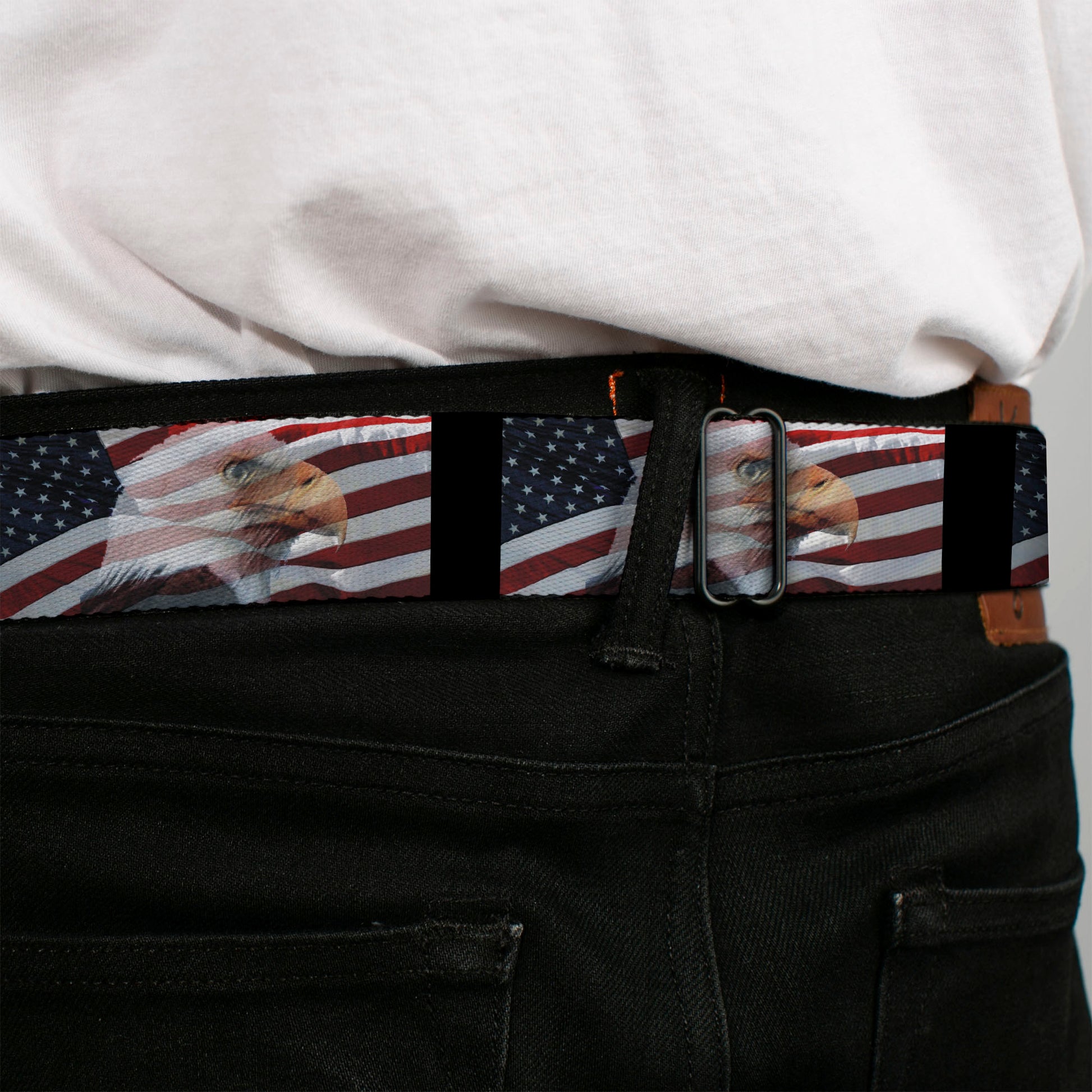BD Wings Logo CLOSE-UP Full Color Black Silver Seatbelt Belt - American Eagle Flags Webbing Seatbelt Belts Buckle-Down