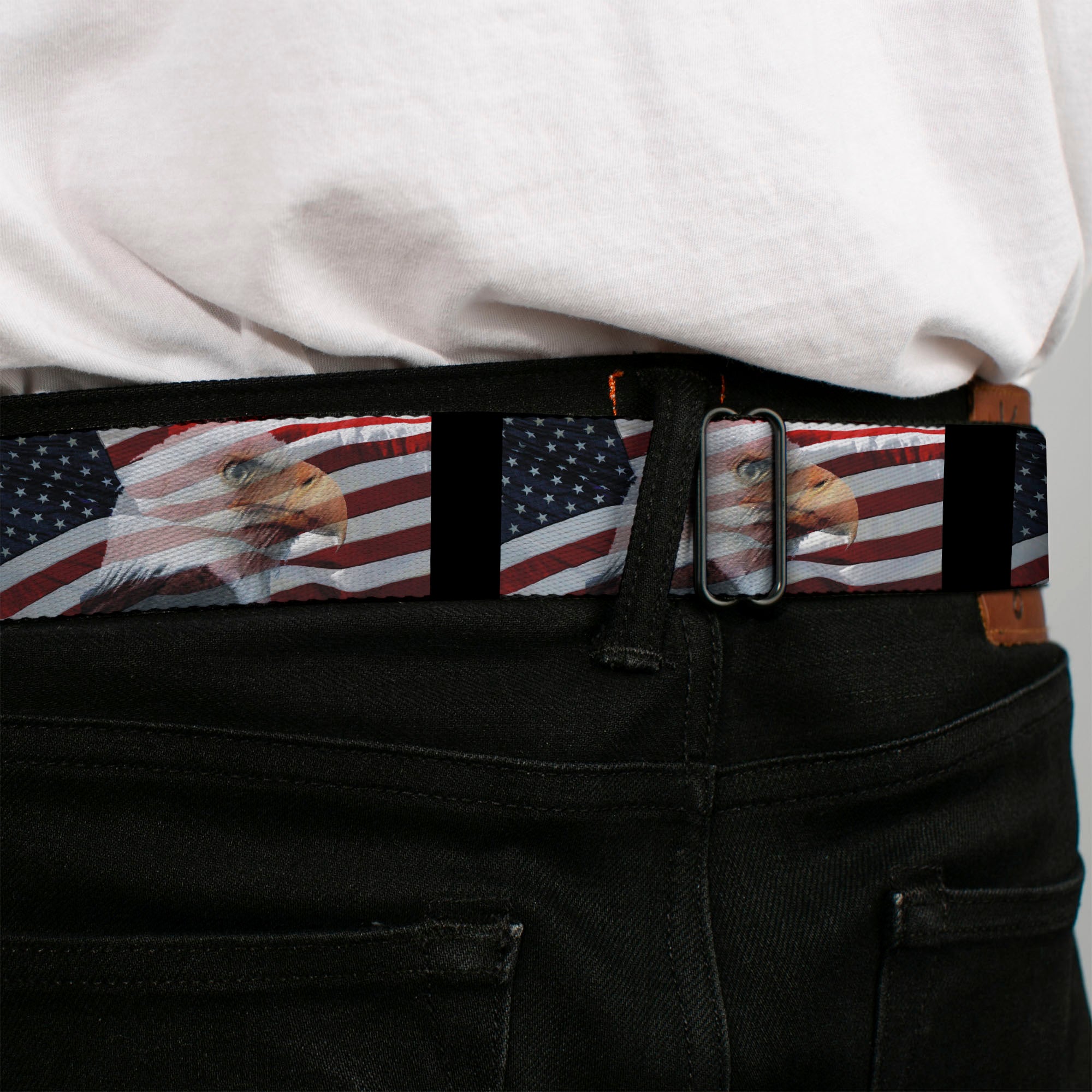 BD Wings Logo CLOSE-UP Full Color Black Silver Seatbelt Belt - American Eagle Flags Webbing Seatbelt Belts Buckle-Down