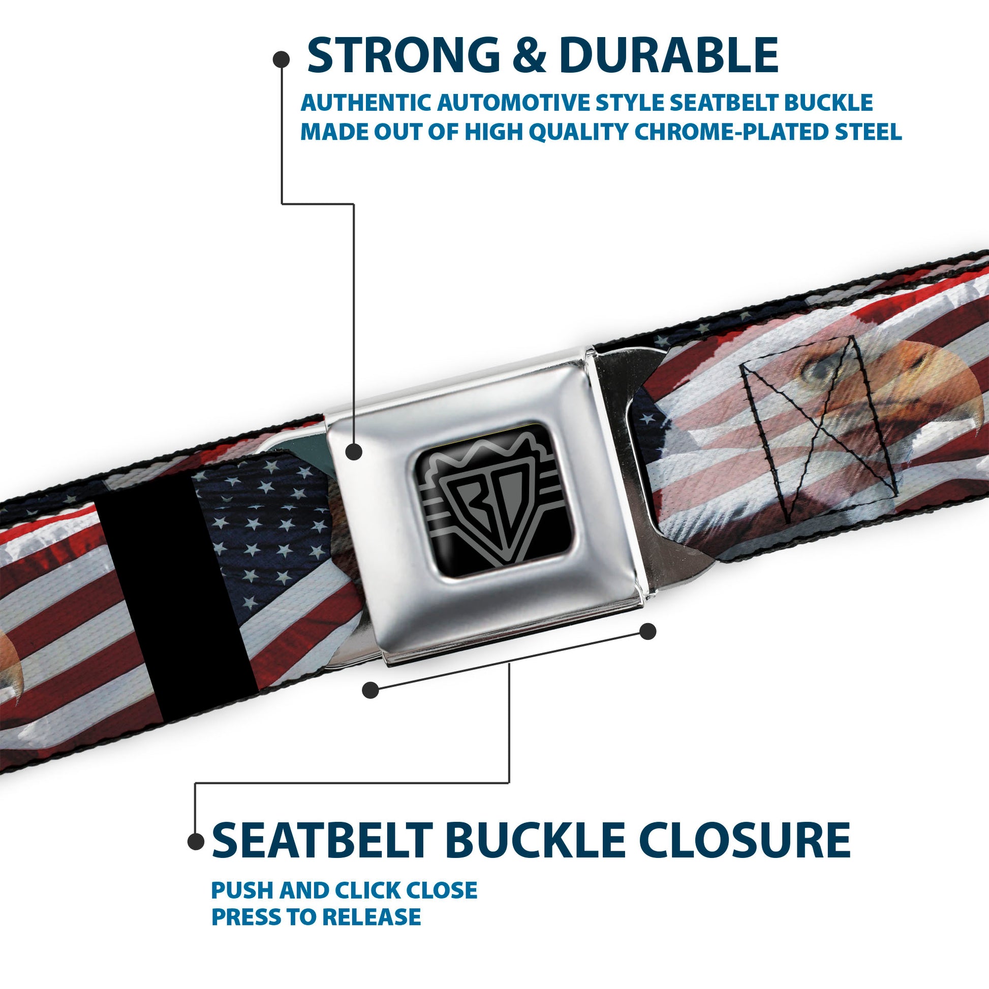 BD Wings Logo CLOSE-UP Full Color Black Silver Seatbelt Belt - American Eagle Flags Webbing Seatbelt Belts Buckle-Down