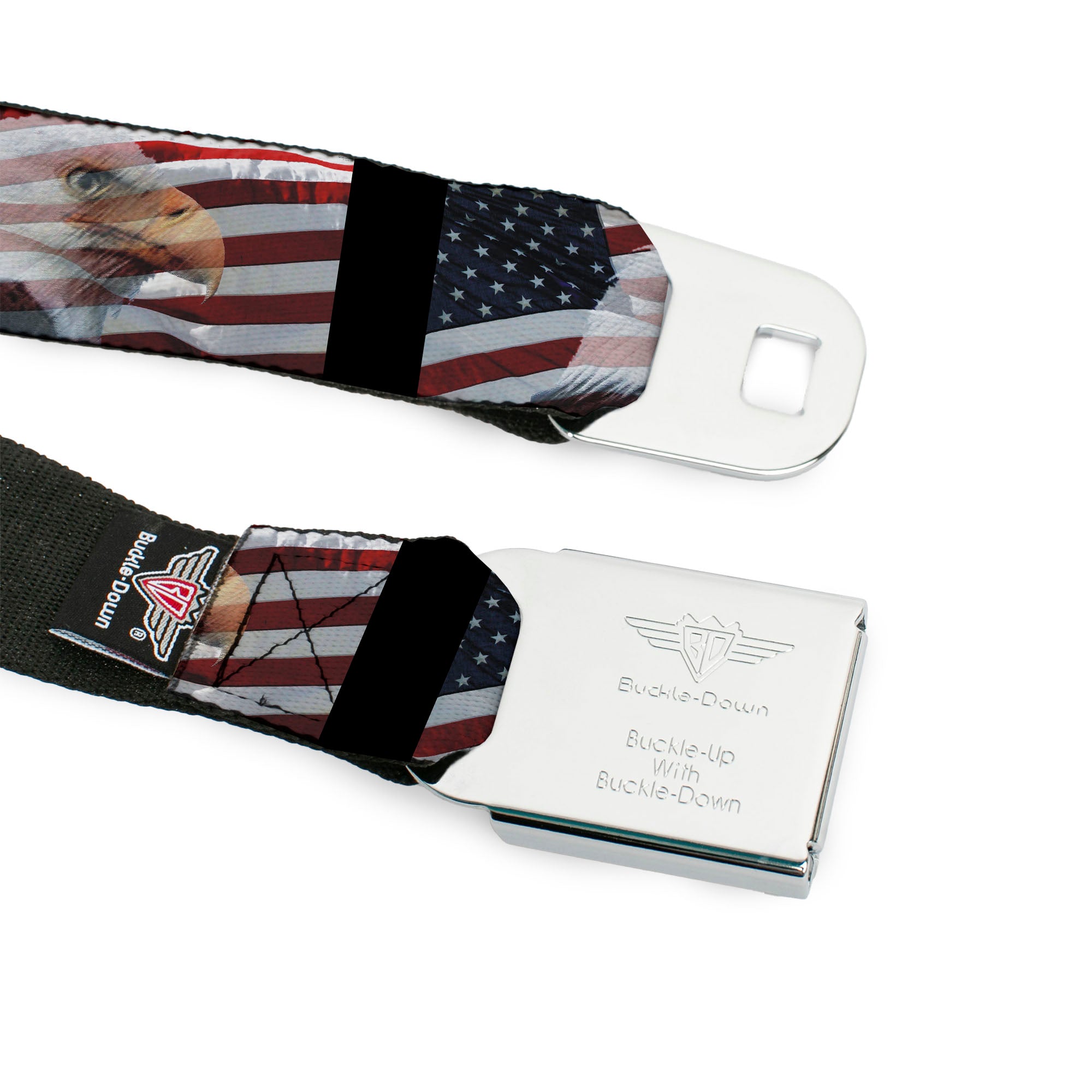 BD Wings Logo CLOSE-UP Full Color Black Silver Seatbelt Belt - American Eagle Flags Webbing Seatbelt Belts Buckle-Down