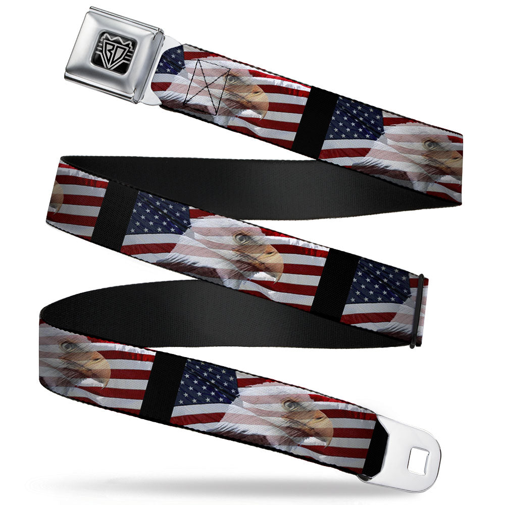 BD Wings Logo CLOSE-UP Full Color Black Silver Seatbelt Belt - American Eagle Flags Webbing Seatbelt Belts Buckle-Down