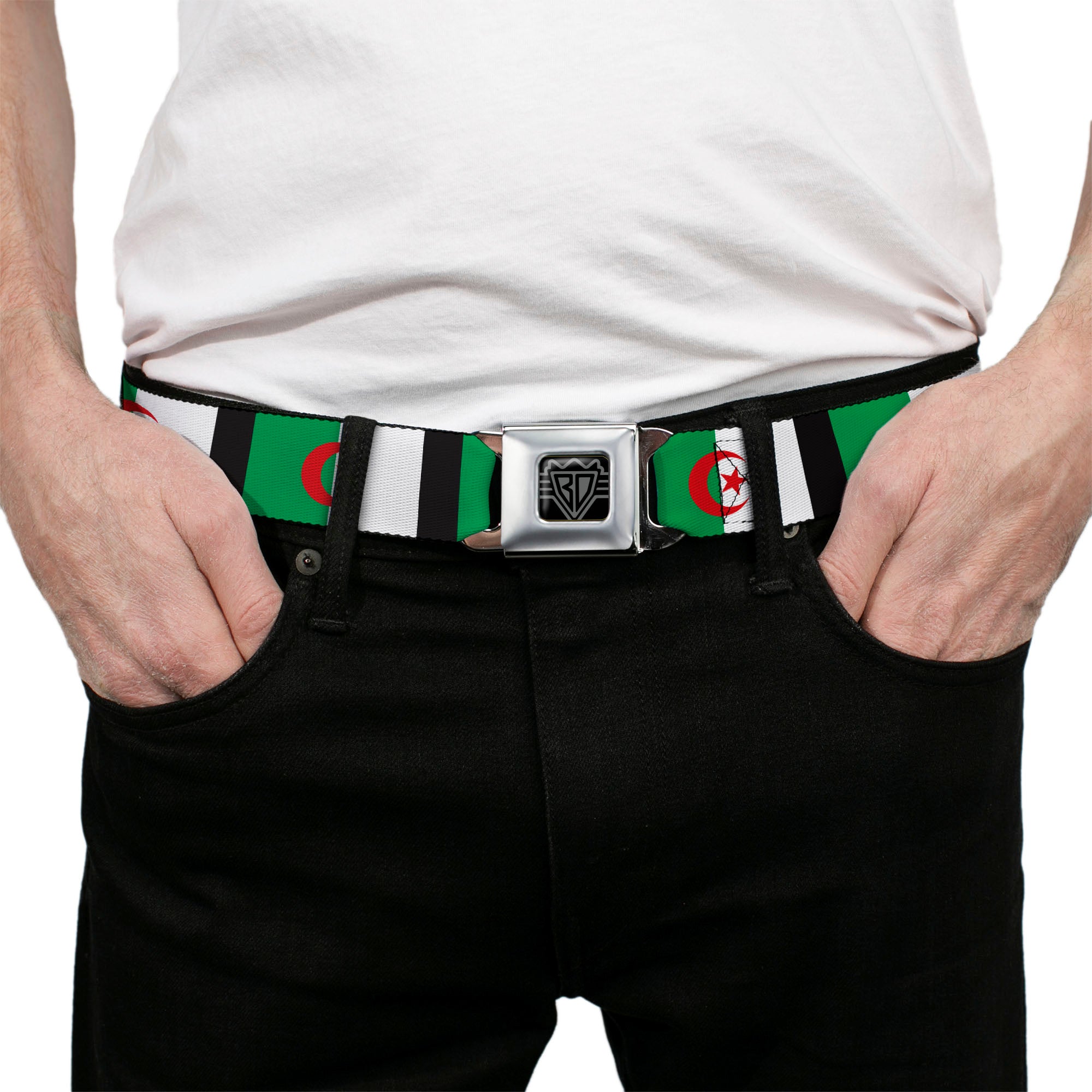 BD Wings Logo CLOSE-UP Full Color Black Silver Seatbelt Belt - Algeria Flags Webbing Seatbelt Belts Buckle-Down