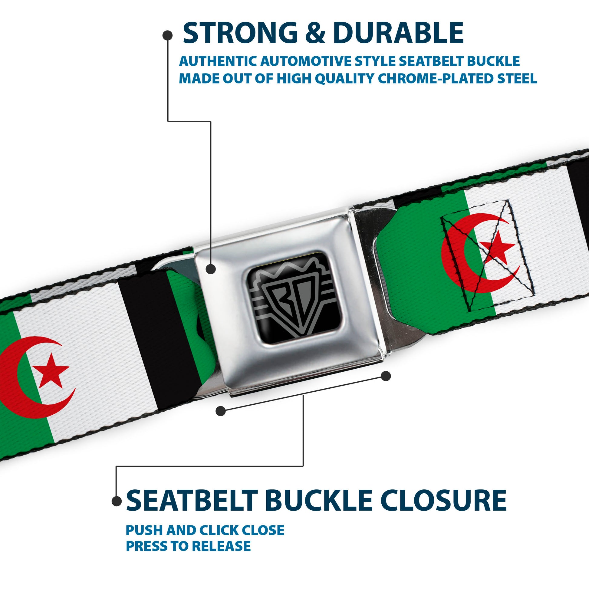 BD Wings Logo CLOSE-UP Full Color Black Silver Seatbelt Belt - Algeria Flags Webbing Seatbelt Belts Buckle-Down