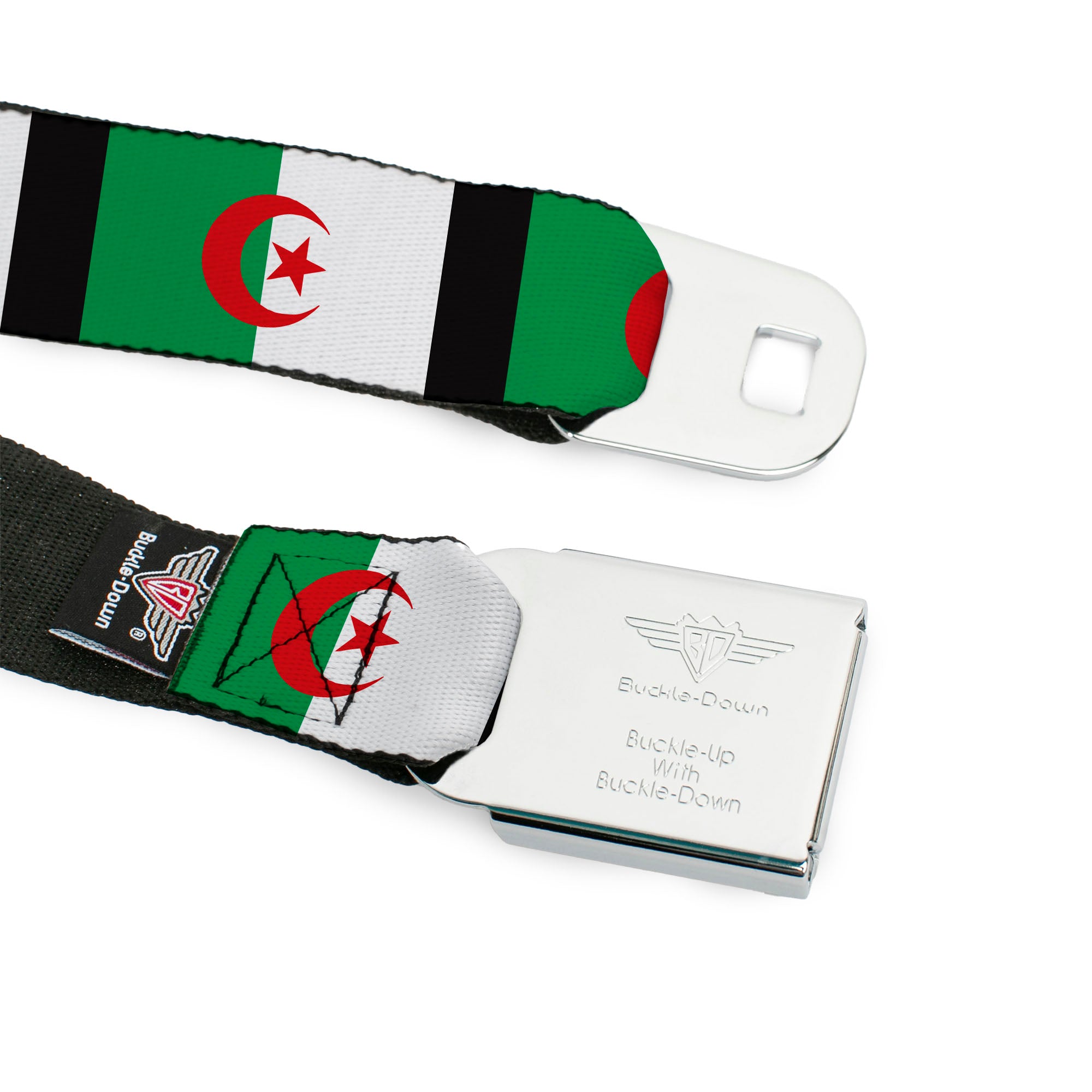 BD Wings Logo CLOSE-UP Full Color Black Silver Seatbelt Belt - Algeria Flags Webbing Seatbelt Belts Buckle-Down