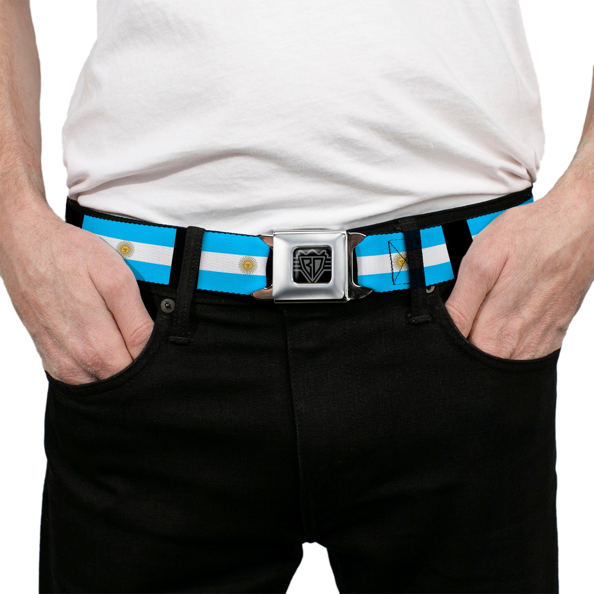 BD Wings Logo CLOSE-UP Full Color Black Silver Seatbelt Belt - Argentina Flags Webbing Seatbelt Belts Buckle-Down