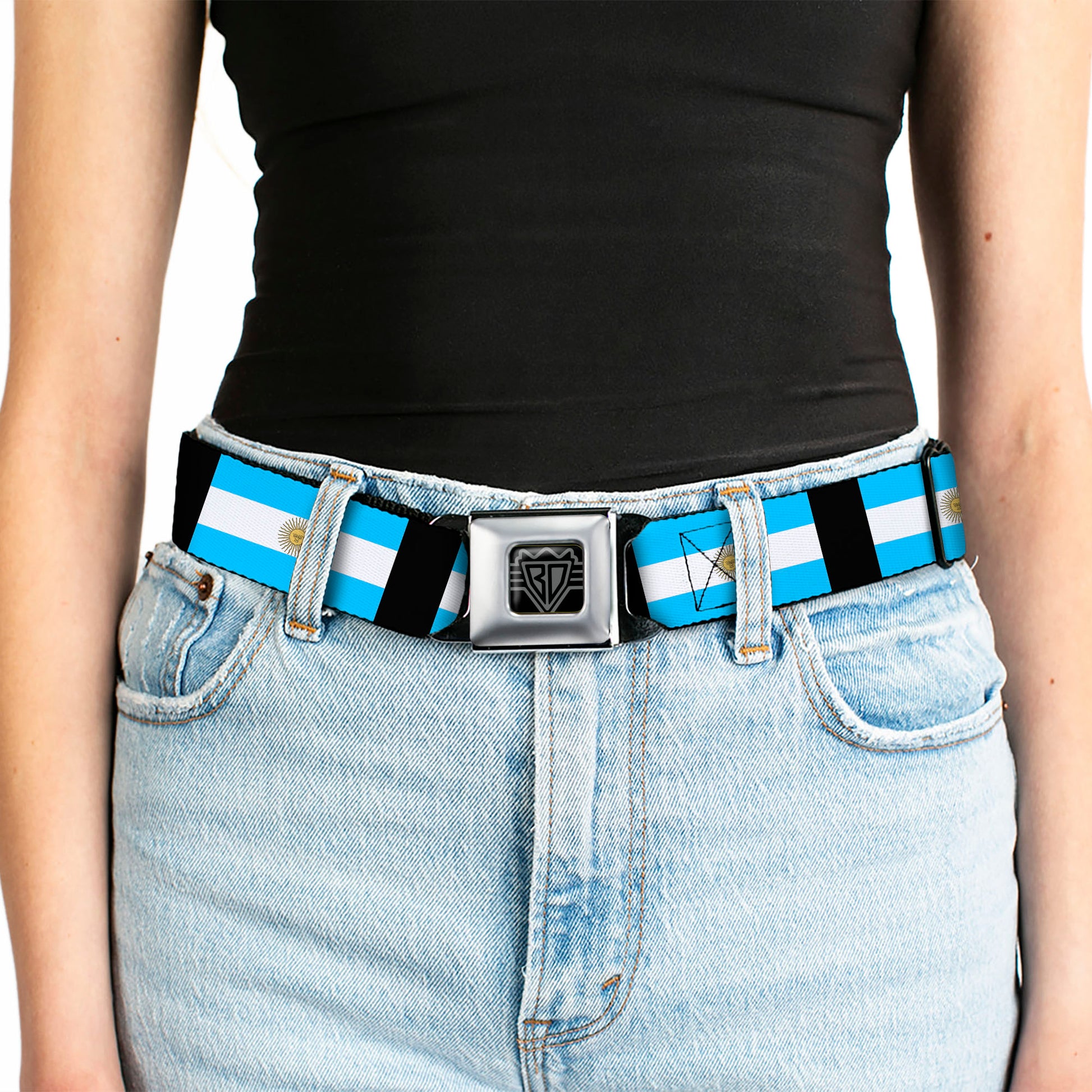 BD Wings Logo CLOSE-UP Full Color Black Silver Seatbelt Belt - Argentina Flags Webbing Seatbelt Belts Buckle-Down