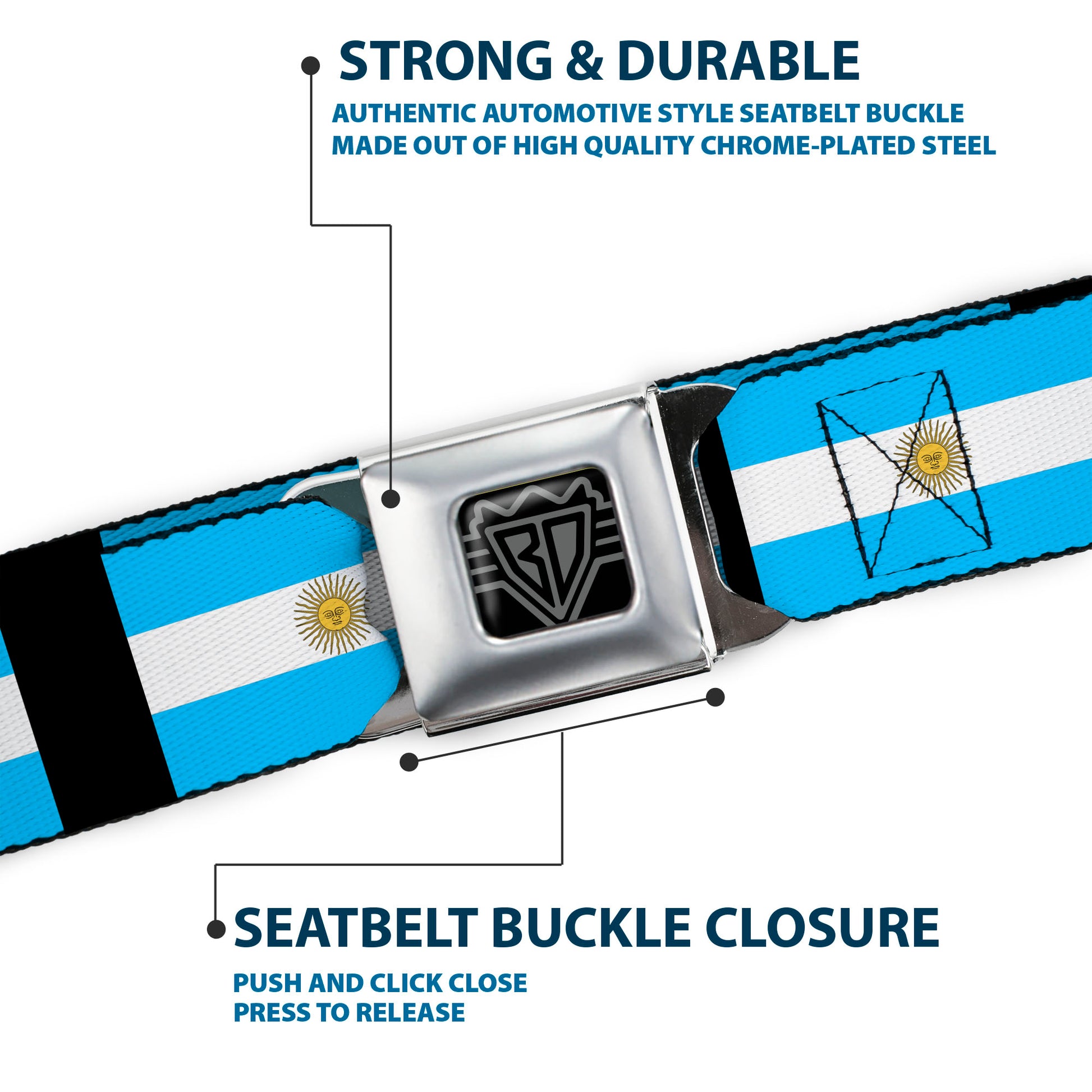 BD Wings Logo CLOSE-UP Full Color Black Silver Seatbelt Belt - Argentina Flags Webbing Seatbelt Belts Buckle-Down