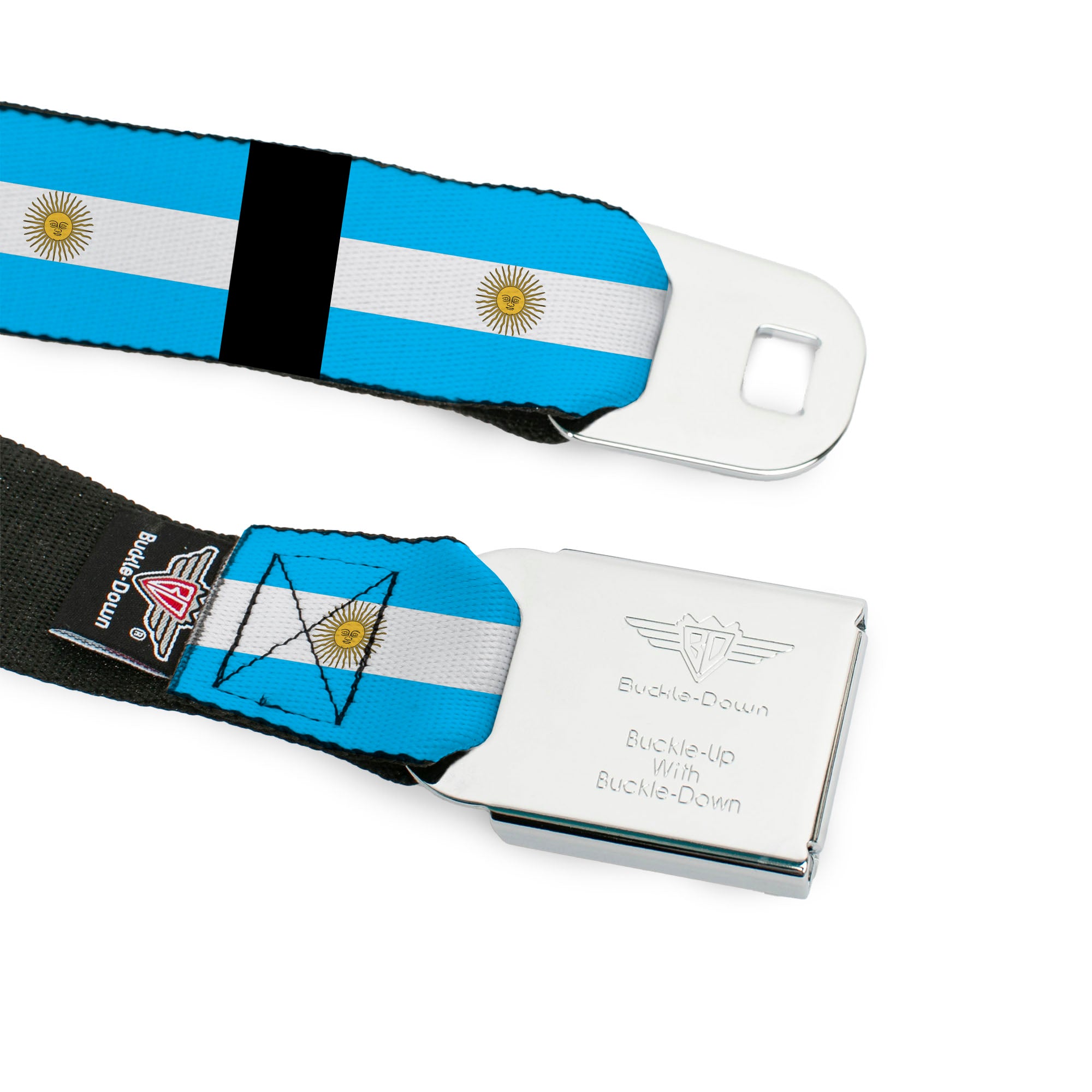 BD Wings Logo CLOSE-UP Full Color Black Silver Seatbelt Belt - Argentina Flags Webbing Seatbelt Belts Buckle-Down