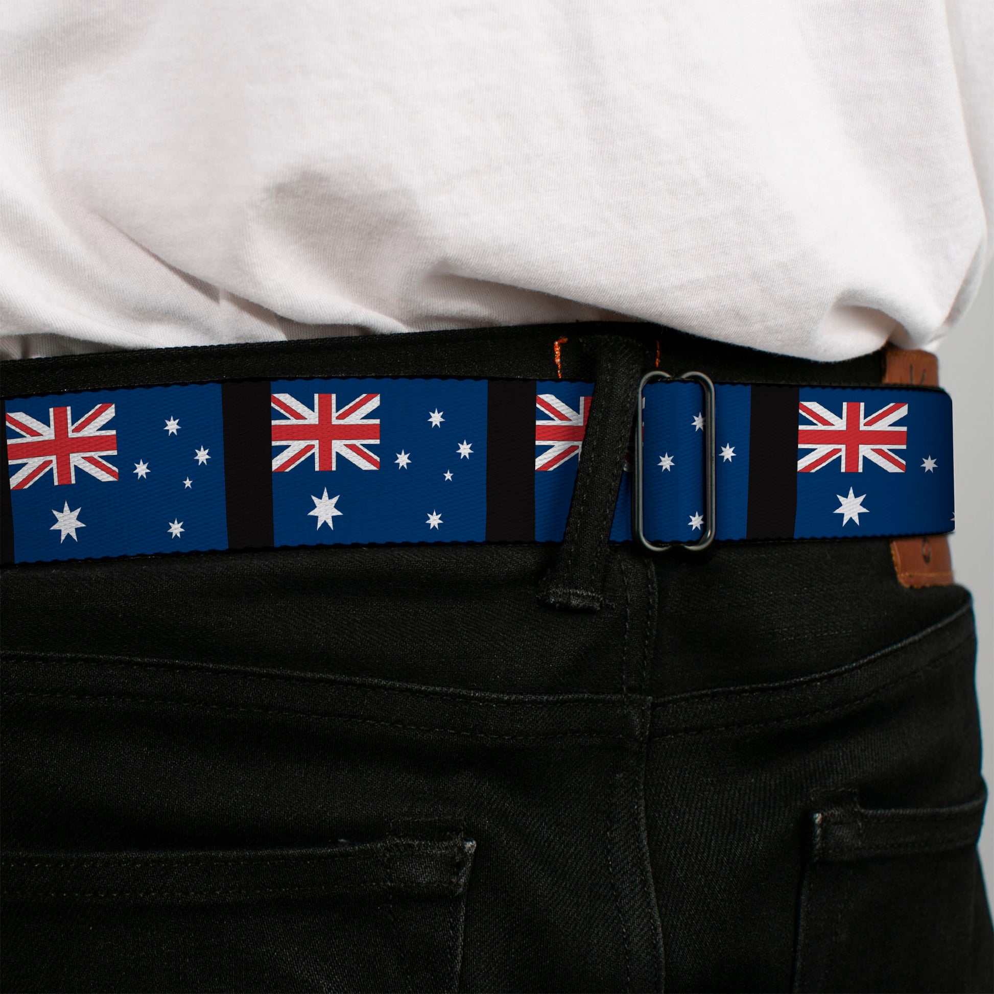 BD Wings Logo CLOSE-UP Full Color Black Silver Seatbelt Belt - Australia Flags Webbing Seatbelt Belts Buckle-Down