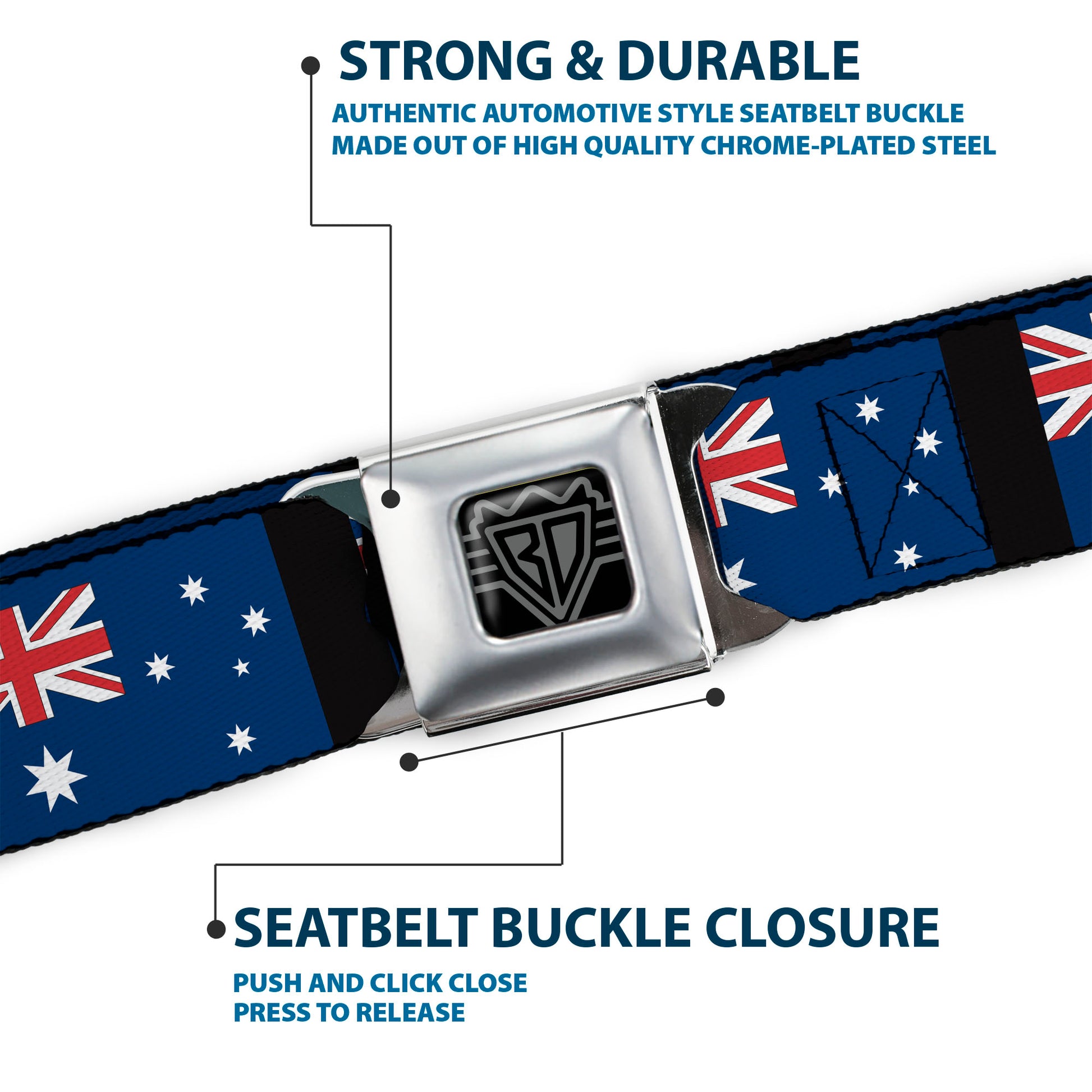 BD Wings Logo CLOSE-UP Full Color Black Silver Seatbelt Belt - Australia Flags Webbing Seatbelt Belts Buckle-Down