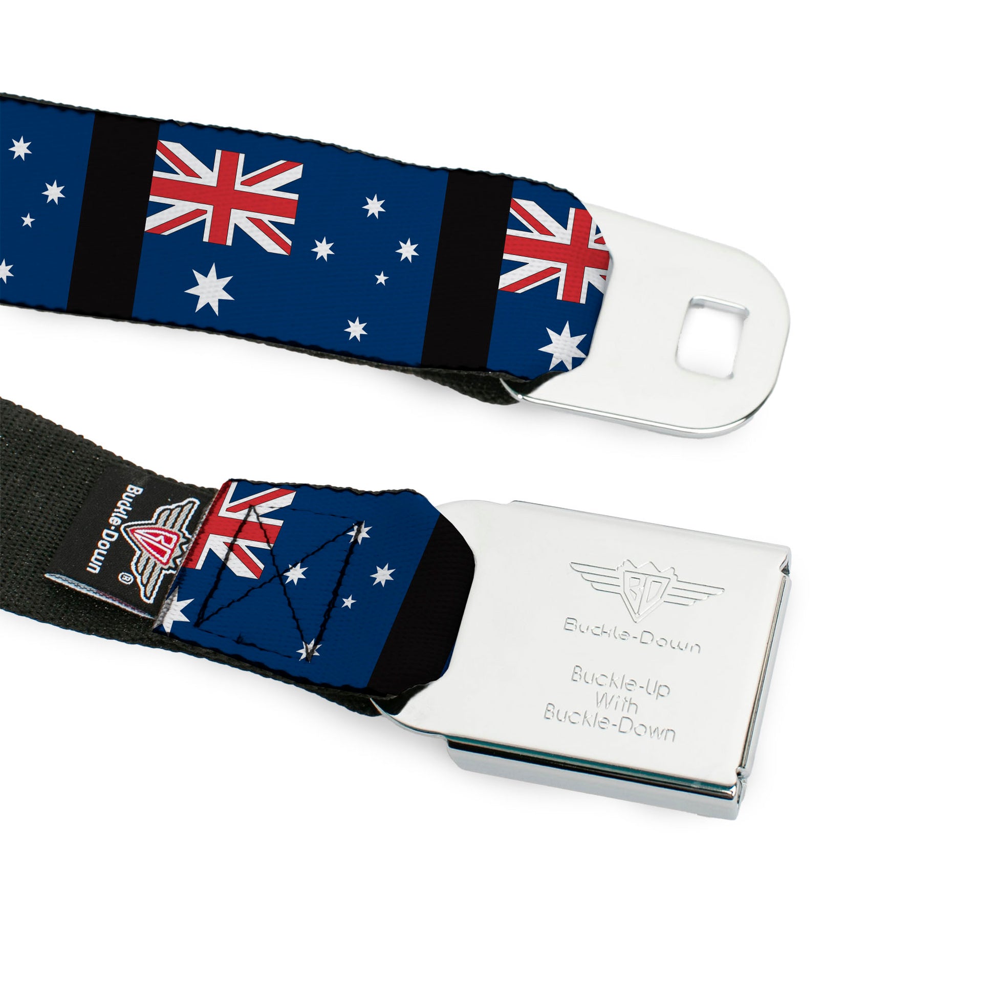 BD Wings Logo CLOSE-UP Full Color Black Silver Seatbelt Belt - Australia Flags Webbing Seatbelt Belts Buckle-Down