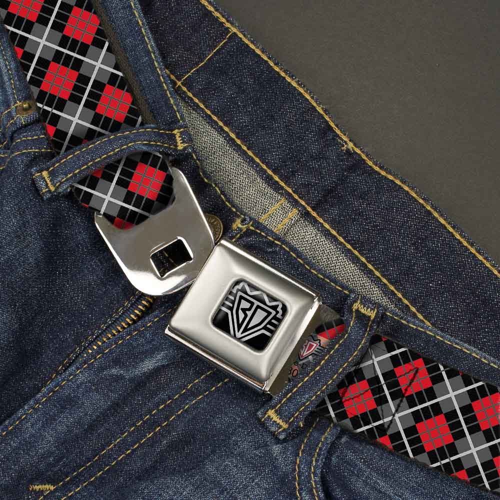 BD Wings Logo CLOSE-UP Full Color Black Silver Seatbelt Belt - Argyle Black/Gray/Red Webbing Seatbelt Belts Buckle-Down