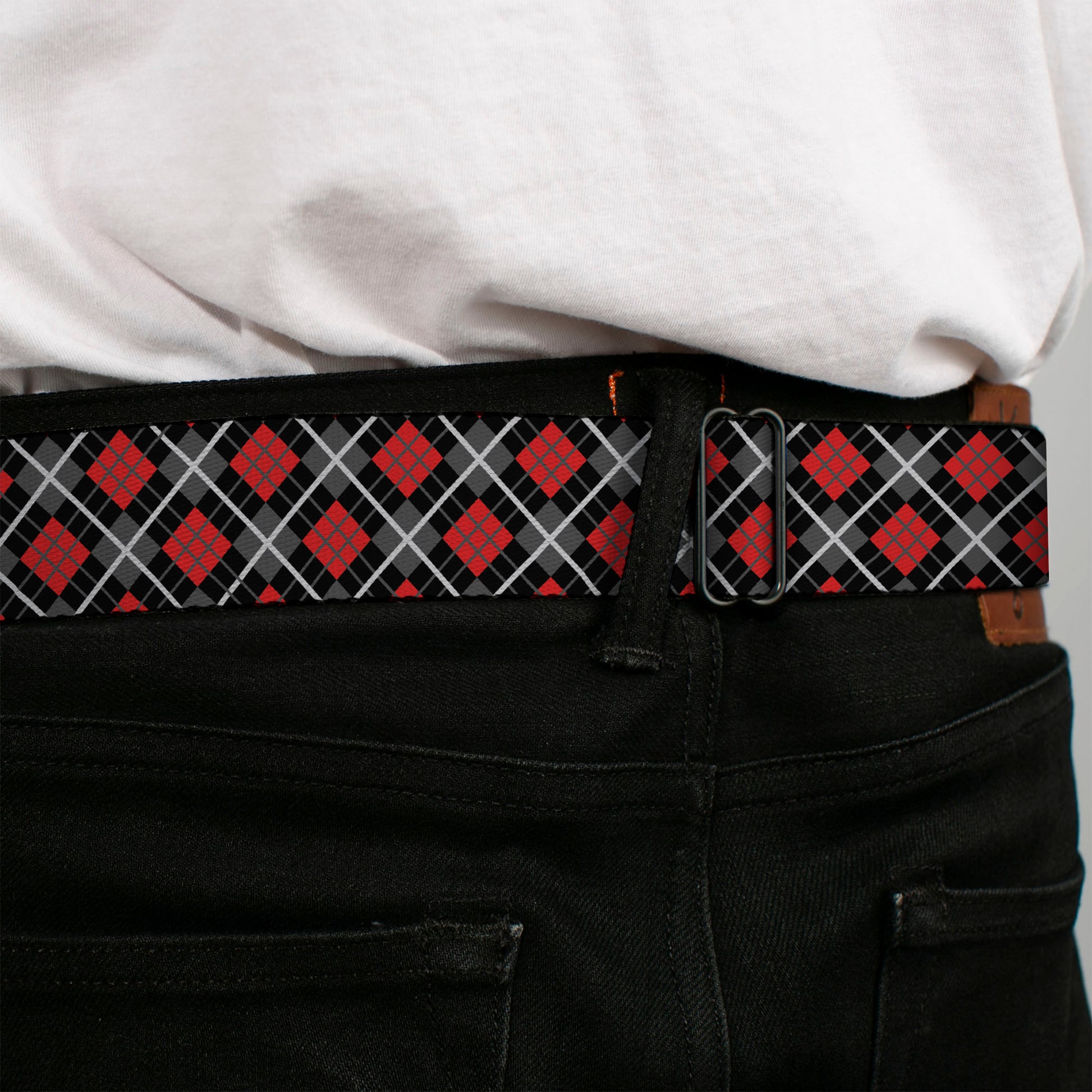 BD Wings Logo CLOSE-UP Full Color Black Silver Seatbelt Belt - Argyle Black/Gray/Red Webbing Seatbelt Belts Buckle-Down
