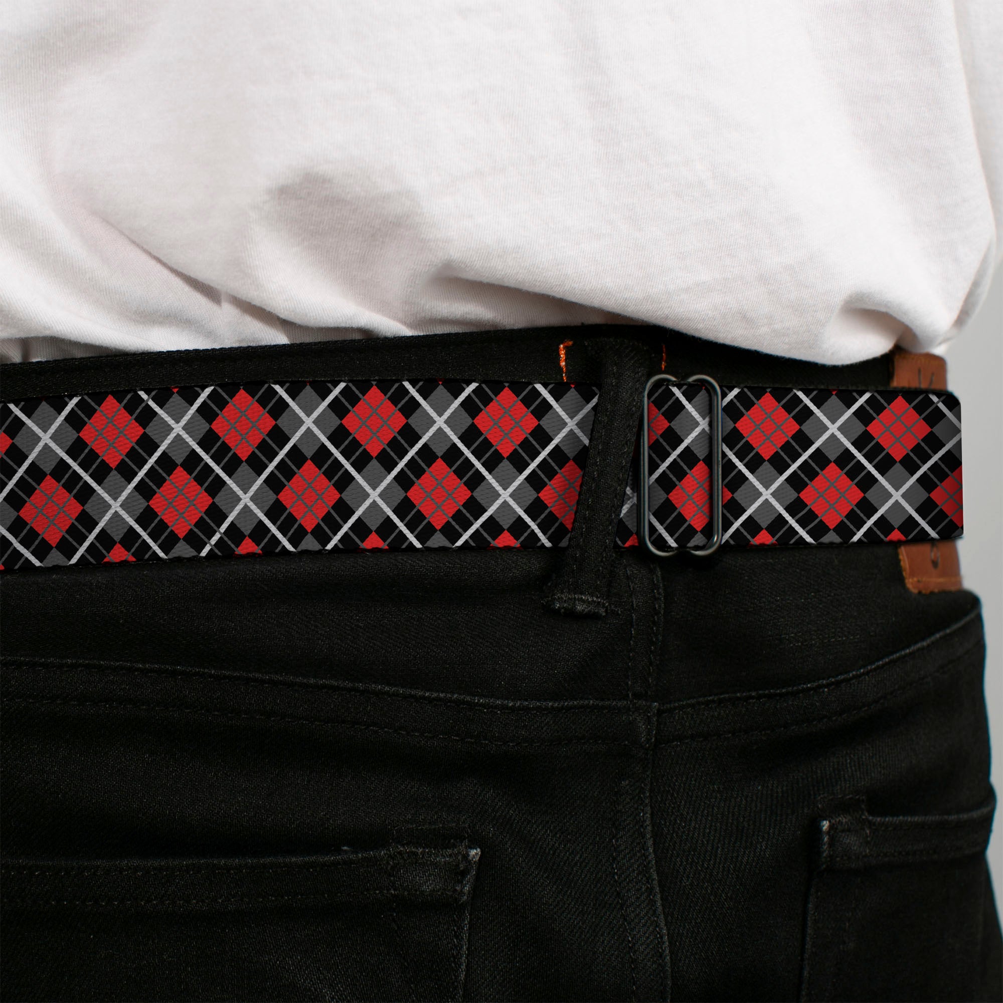 BD Wings Logo CLOSE-UP Full Color Black Silver Seatbelt Belt - Argyle Black/Gray/Red Webbing Seatbelt Belts Buckle-Down