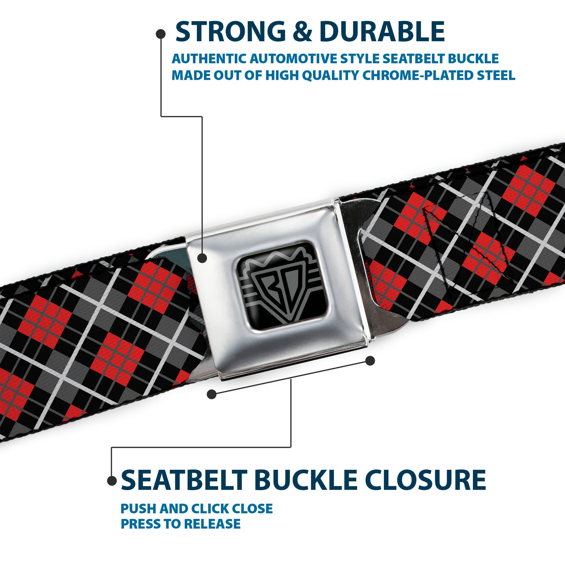 BD Wings Logo CLOSE-UP Full Color Black Silver Seatbelt Belt - Argyle Black/Gray/Red Webbing Seatbelt Belts Buckle-Down
