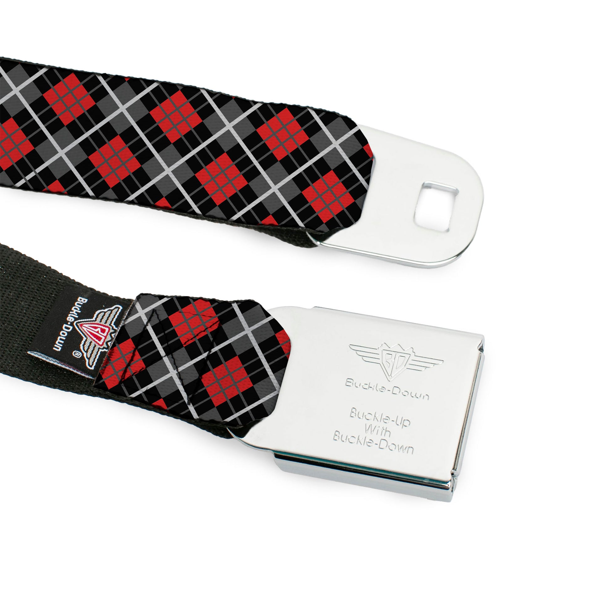 BD Wings Logo CLOSE-UP Full Color Black Silver Seatbelt Belt - Argyle Black/Gray/Red Webbing Seatbelt Belts Buckle-Down