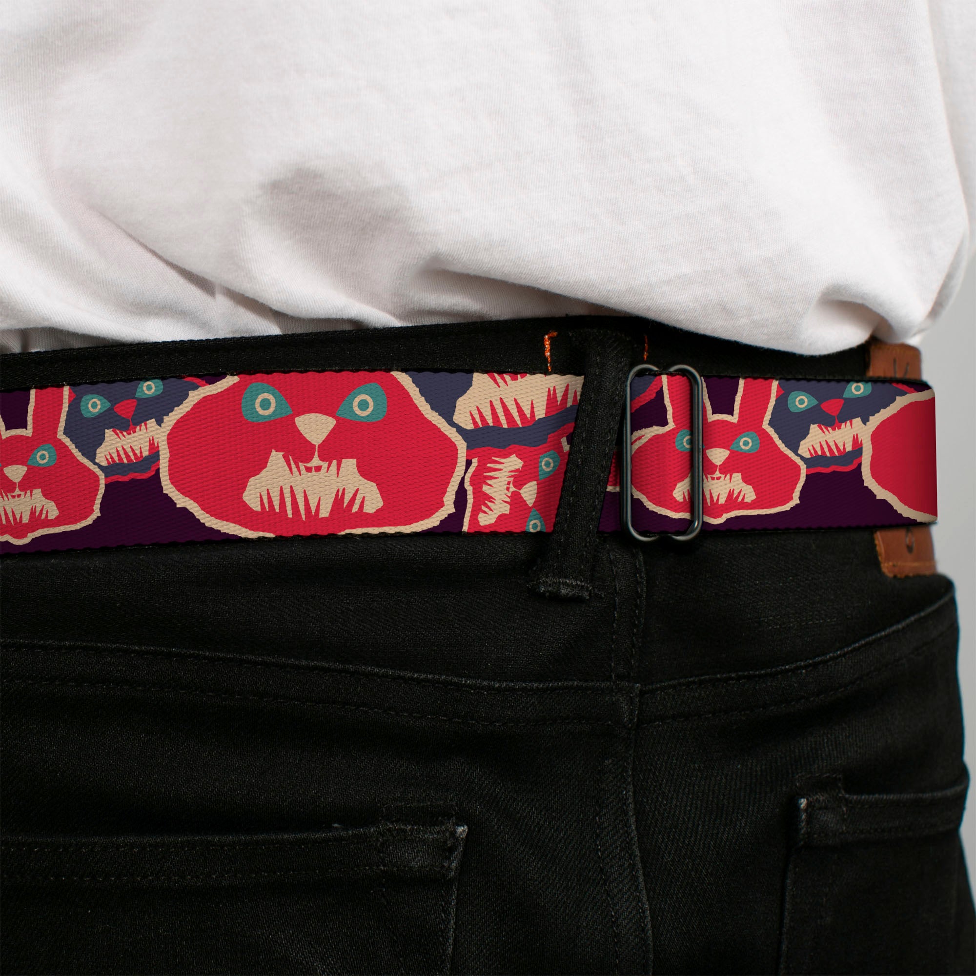 BD Wings Logo CLOSE-UP Full Color Black Silver Seatbelt Belt - Angry Bunnies CLOSE-UP Purple/Red/Blue Webbing Seatbelt Belts Buckle-Down