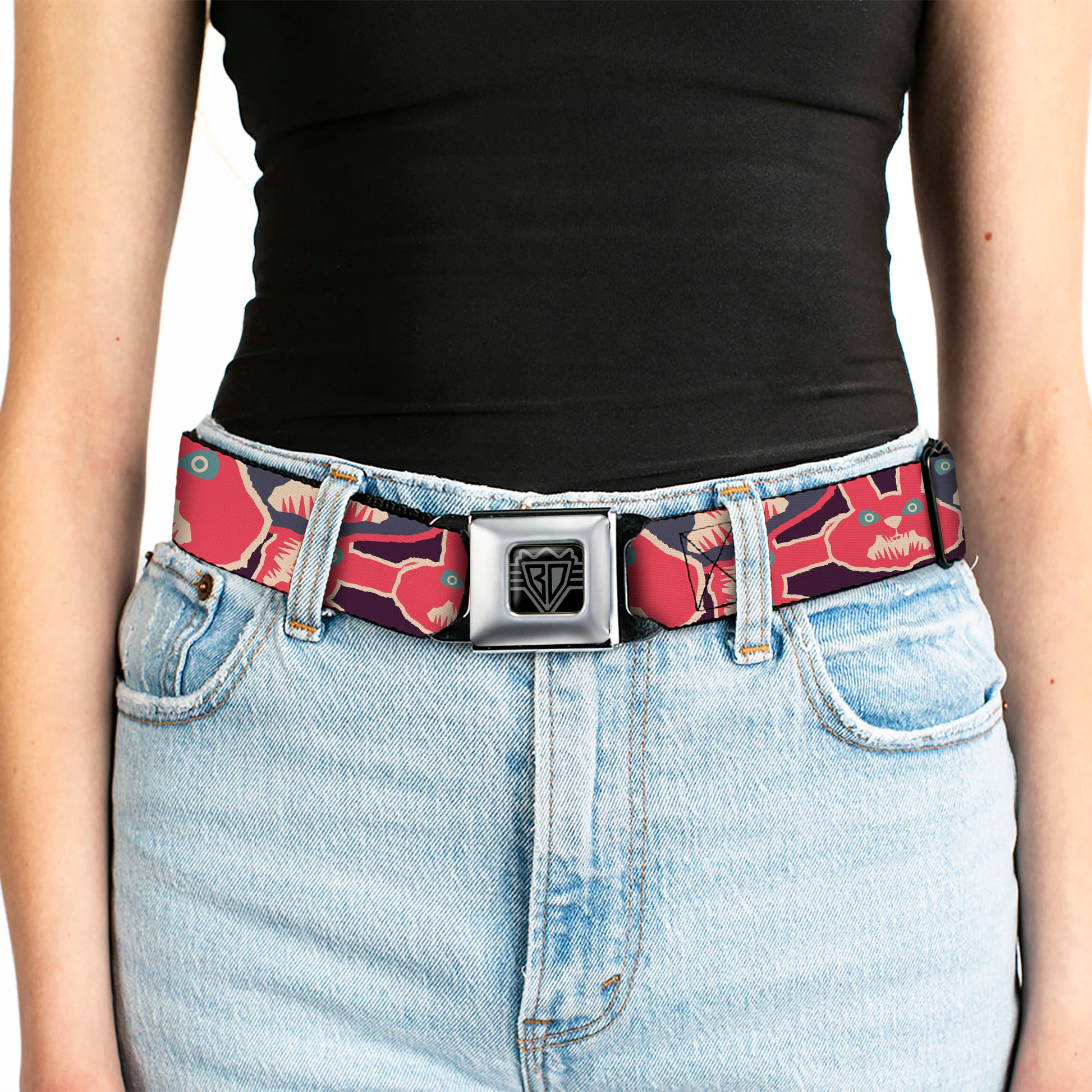 BD Wings Logo CLOSE-UP Full Color Black Silver Seatbelt Belt - Angry Bunnies CLOSE-UP Purple/Red/Blue Webbing Seatbelt Belts Buckle-Down