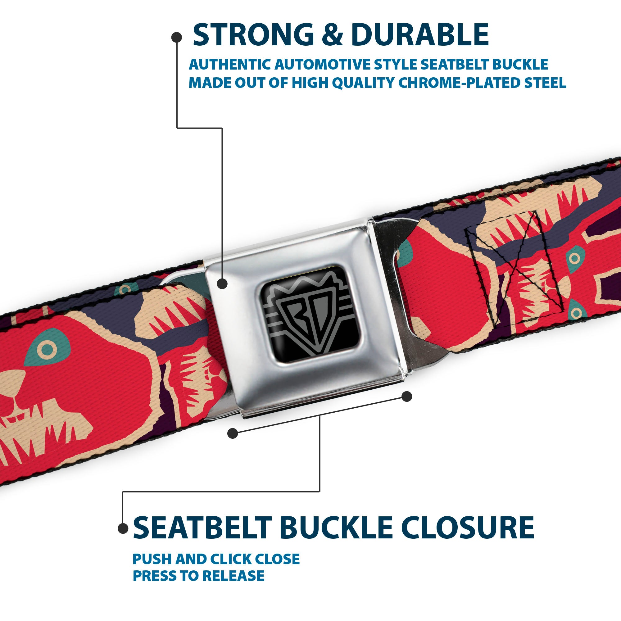 BD Wings Logo CLOSE-UP Full Color Black Silver Seatbelt Belt - Angry Bunnies CLOSE-UP Purple/Red/Blue Webbing Seatbelt Belts Buckle-Down