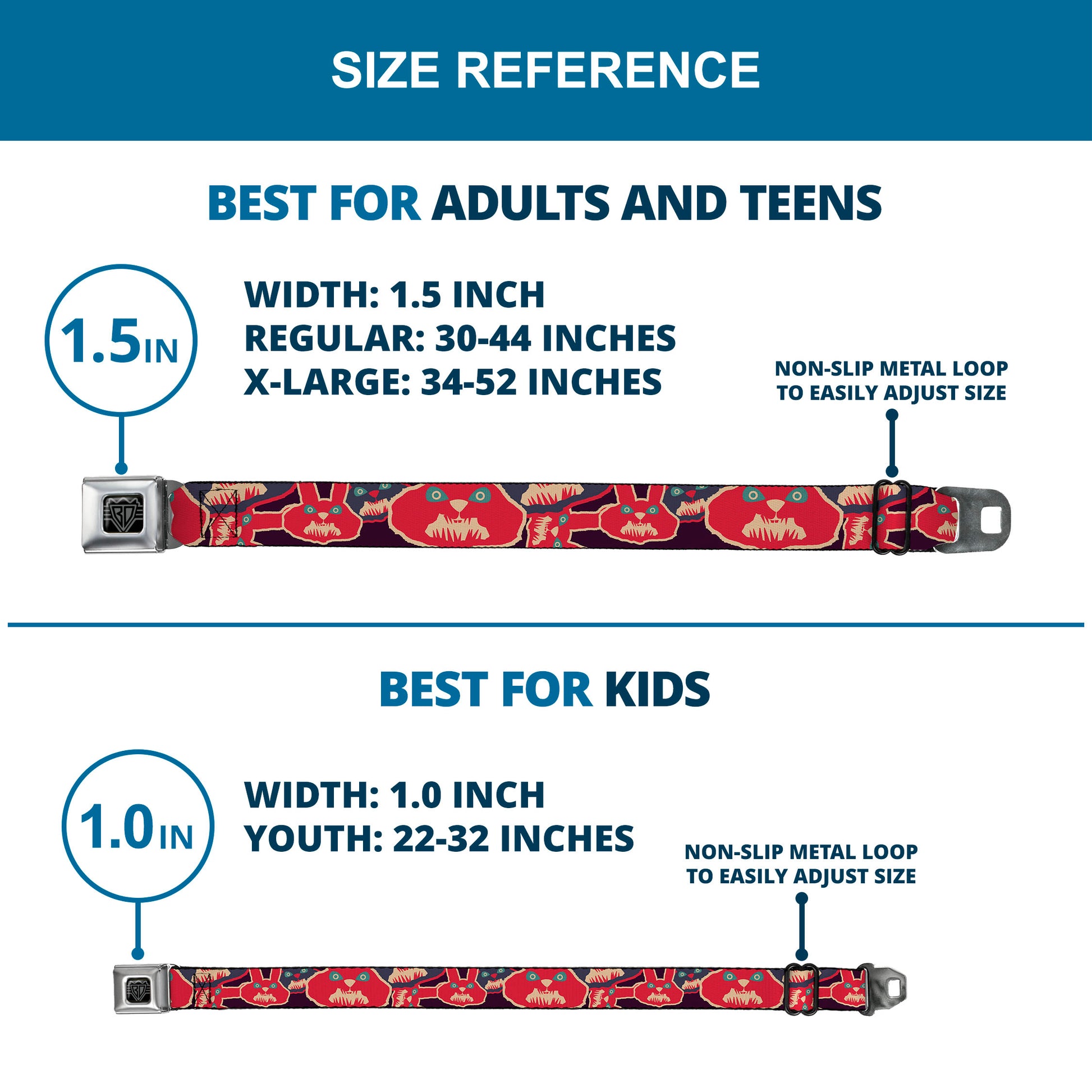 BD Wings Logo CLOSE-UP Full Color Black Silver Seatbelt Belt - Angry Bunnies CLOSE-UP Purple/Red/Blue Webbing Seatbelt Belts Buckle-Down