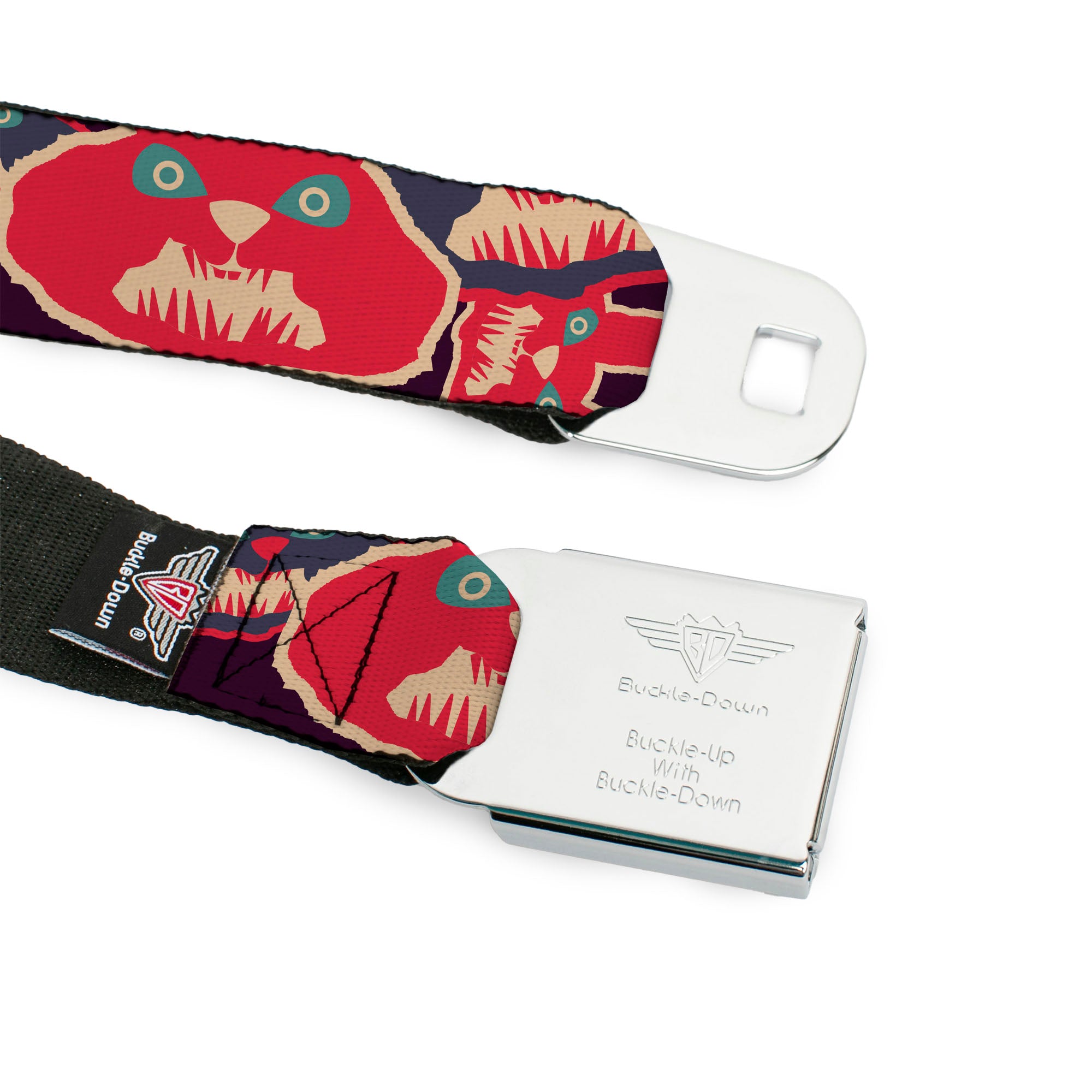 BD Wings Logo CLOSE-UP Full Color Black Silver Seatbelt Belt - Angry Bunnies CLOSE-UP Purple/Red/Blue Webbing Seatbelt Belts Buckle-Down
