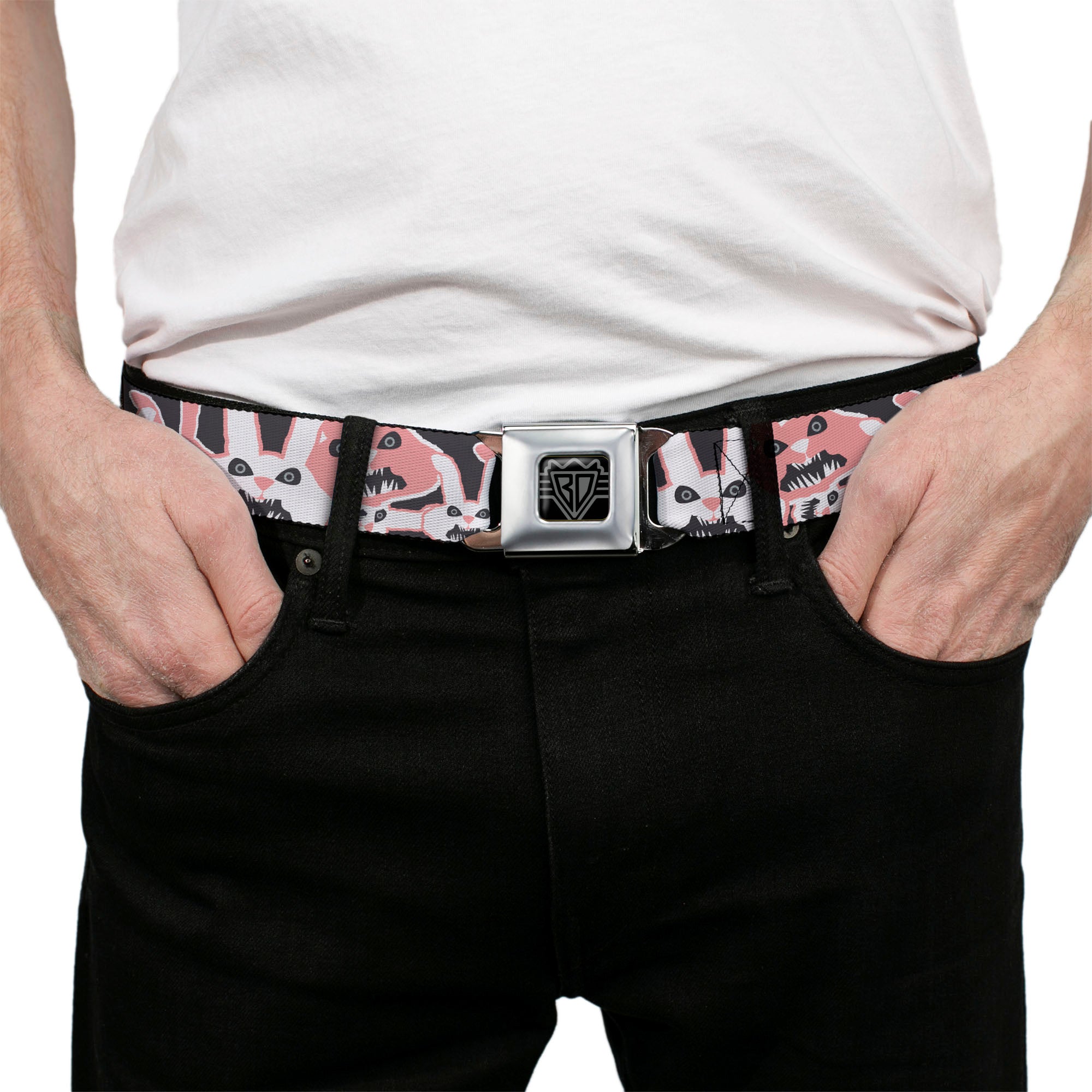 BD Wings Logo CLOSE-UP Full Color Black Silver Seatbelt Belt - Angry Bunnies Gray/Pinks Webbing Seatbelt Belts Buckle-Down