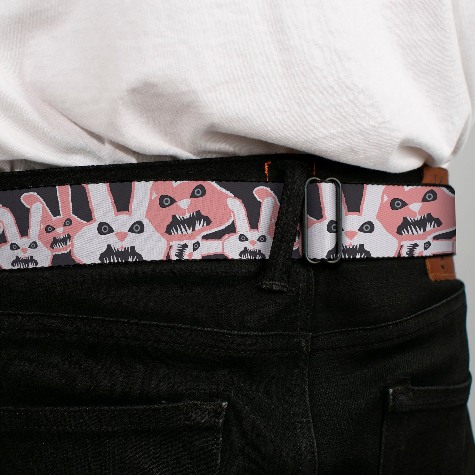 BD Wings Logo CLOSE-UP Full Color Black Silver Seatbelt Belt - Angry Bunnies Gray/Pinks Webbing Seatbelt Belts Buckle-Down