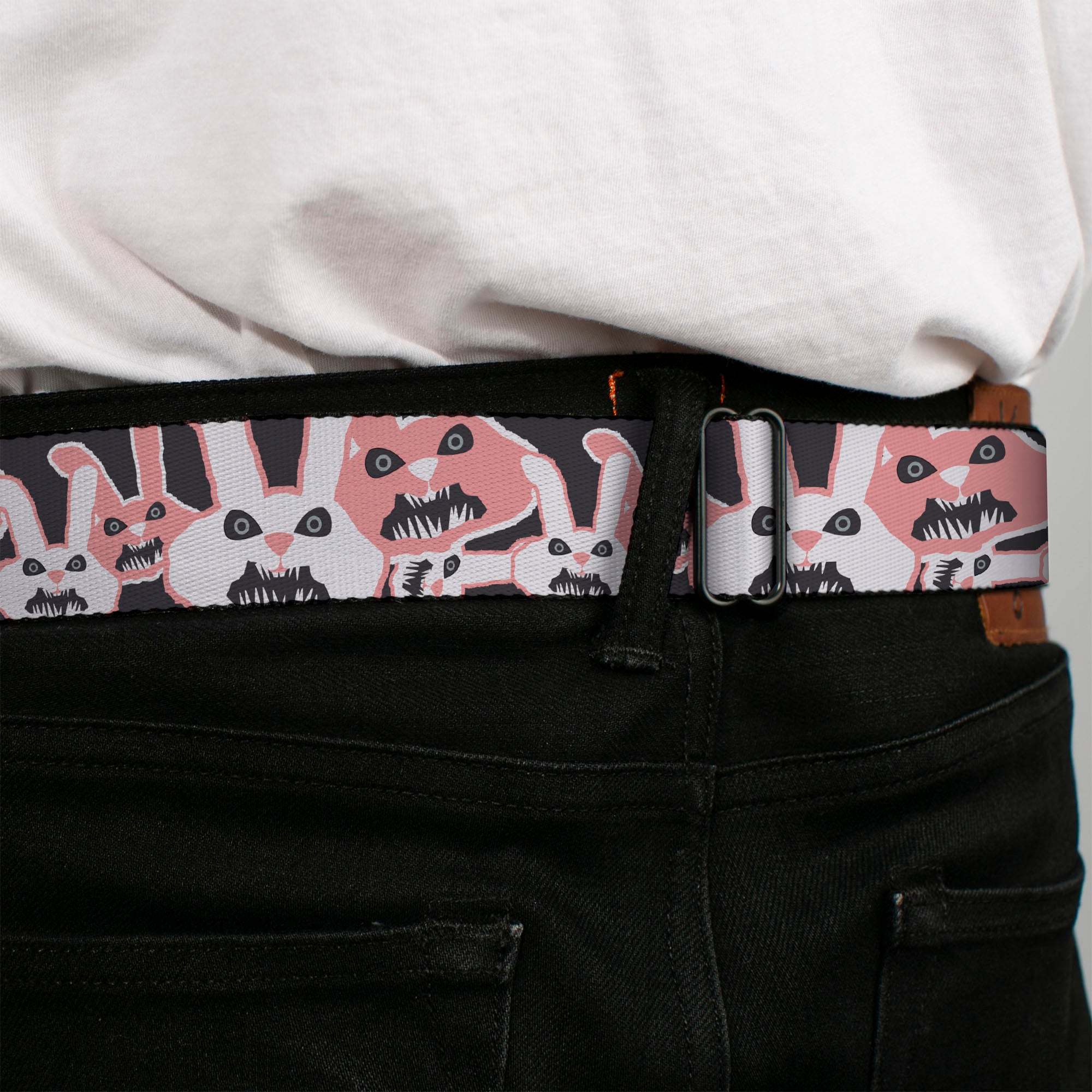 BD Wings Logo CLOSE-UP Full Color Black Silver Seatbelt Belt - Angry Bunnies Gray/Pinks Webbing Seatbelt Belts Buckle-Down