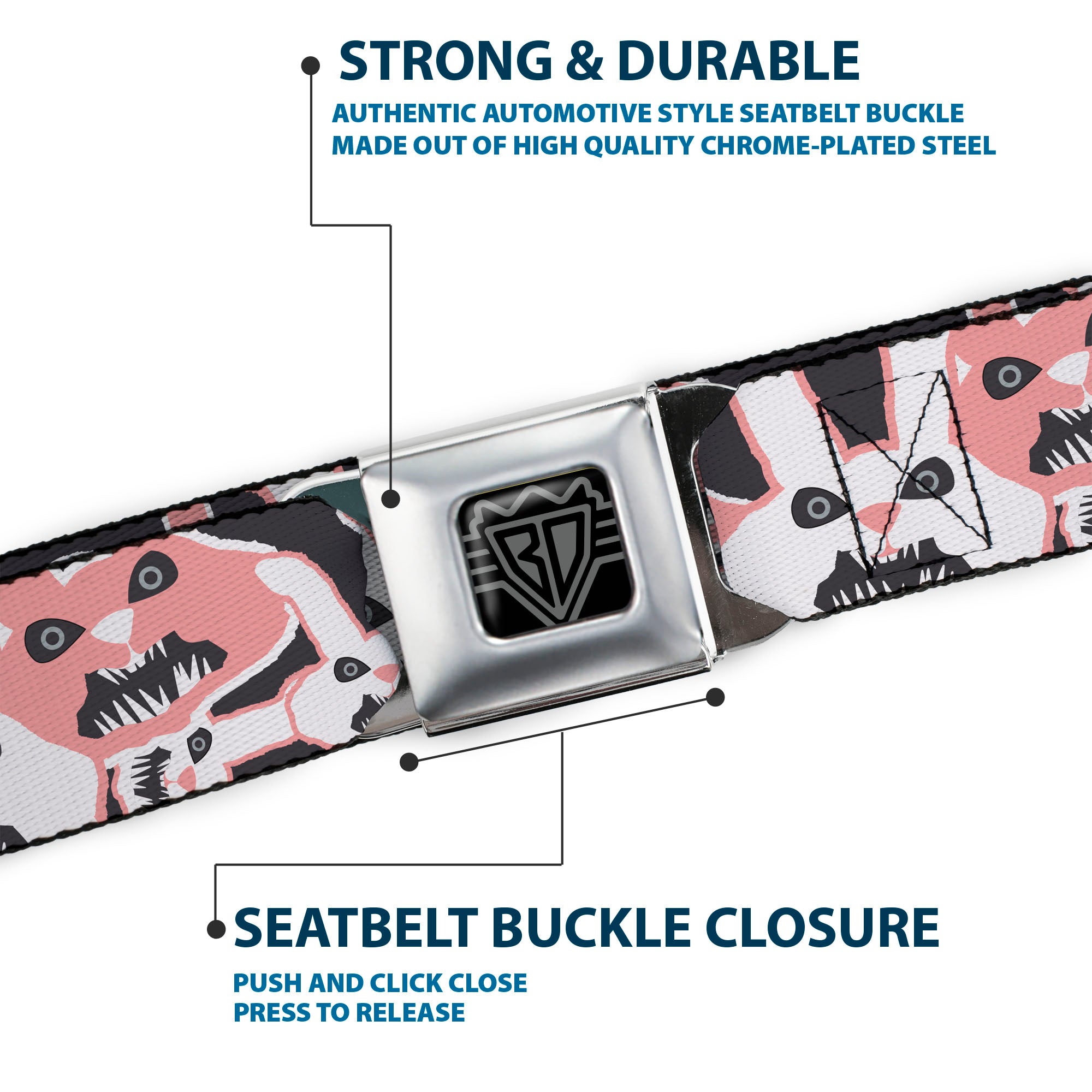 BD Wings Logo CLOSE-UP Full Color Black Silver Seatbelt Belt - Angry Bunnies Gray/Pinks Webbing Seatbelt Belts Buckle-Down