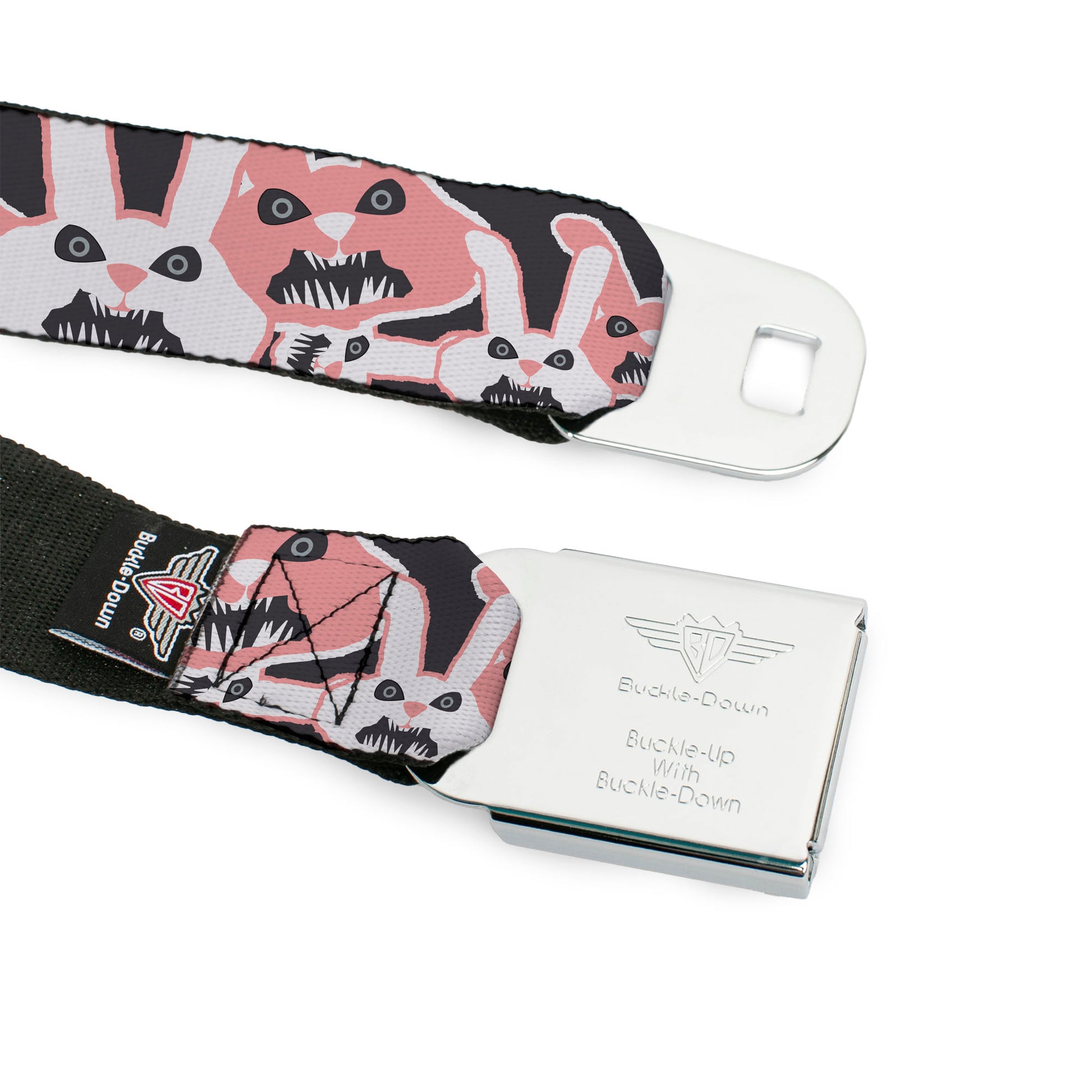 BD Wings Logo CLOSE-UP Full Color Black Silver Seatbelt Belt - Angry Bunnies Gray/Pinks Webbing Seatbelt Belts Buckle-Down