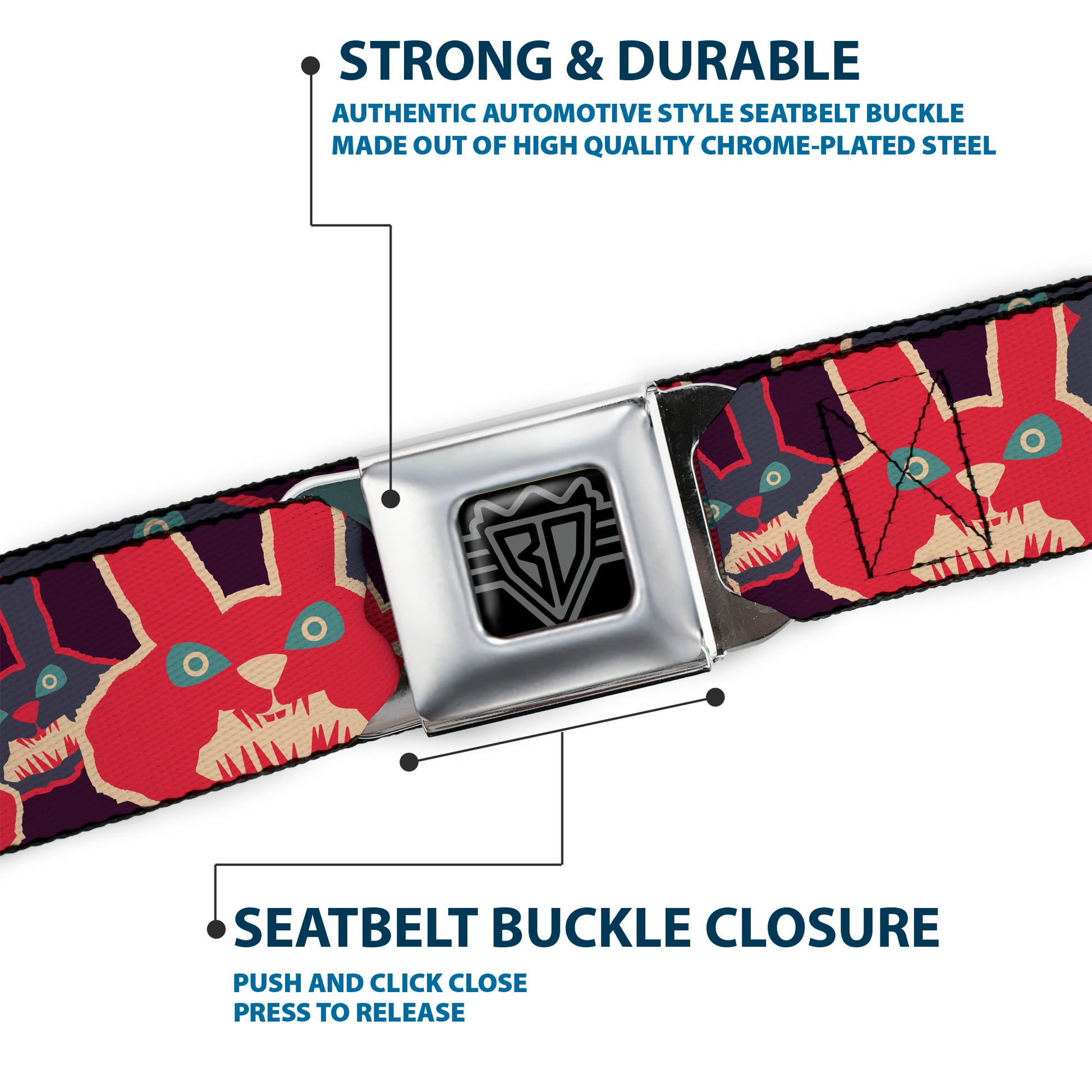 BD Wings Logo CLOSE-UP Full Color Black Silver Seatbelt Belt - Angry Bunnies Purple/Red/Blue Webbing Seatbelt Belts Buckle-Down